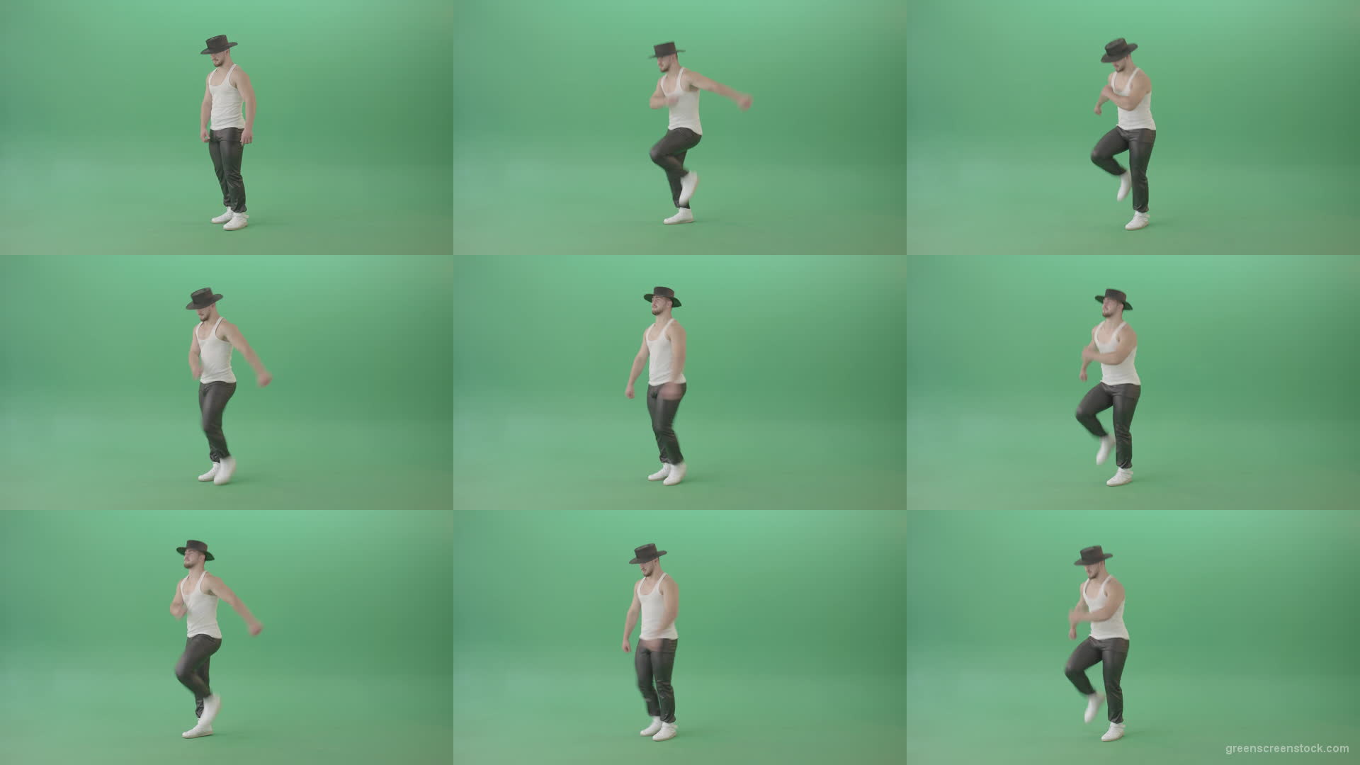 Sport-Man-in-black-hat-dancing-and-marching-fast-isolated-over-Green-Screen-4K-Video-Footage-1920 Green Screen Stock