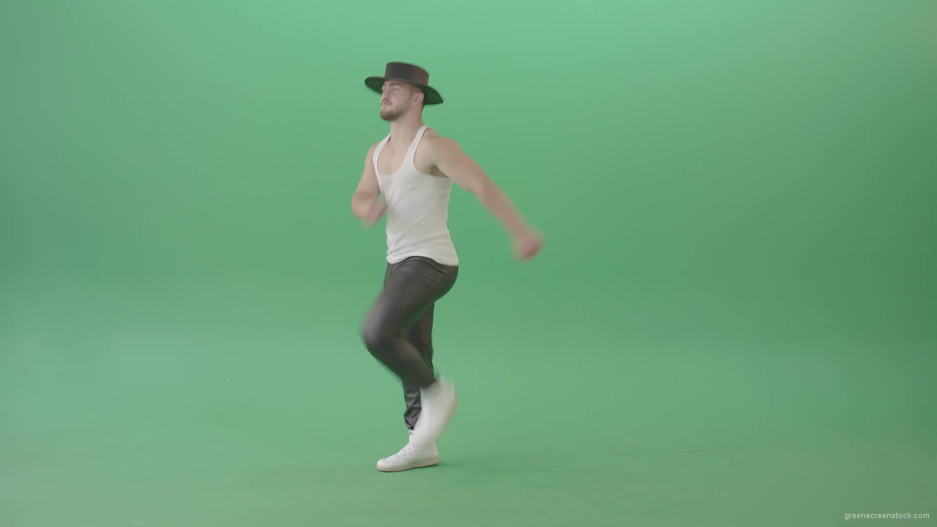 Sport-Man-in-black-hat-dancing-and-marching-fast-isolated-over-Green-Screen-4K-Video-Footage-1920_007 Green Screen Stock