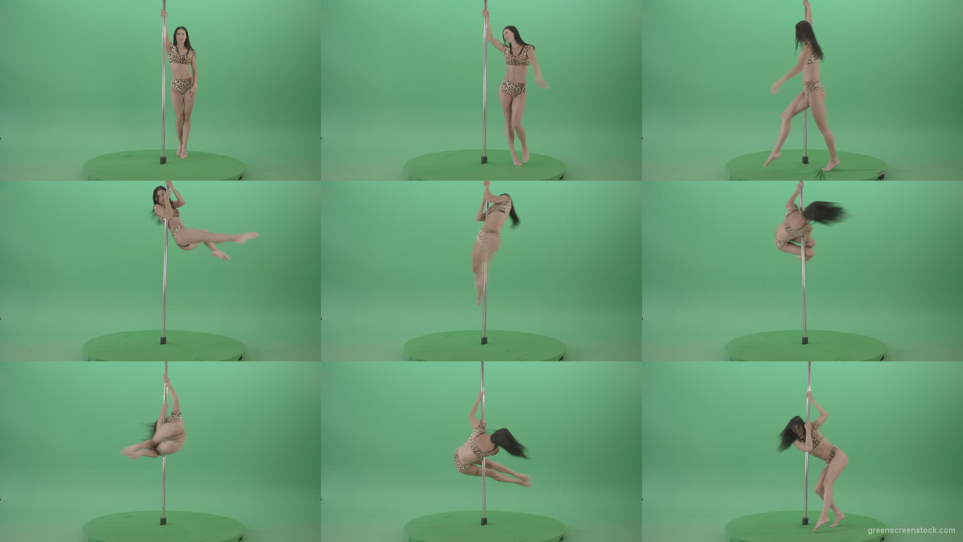 Stripteas-Girl-in-leopard-skin-wear-spinning-on-pilon-dancing-pole-isolated-on-Green-Screen-4K-Video-Footage-1920 Green Screen Stock