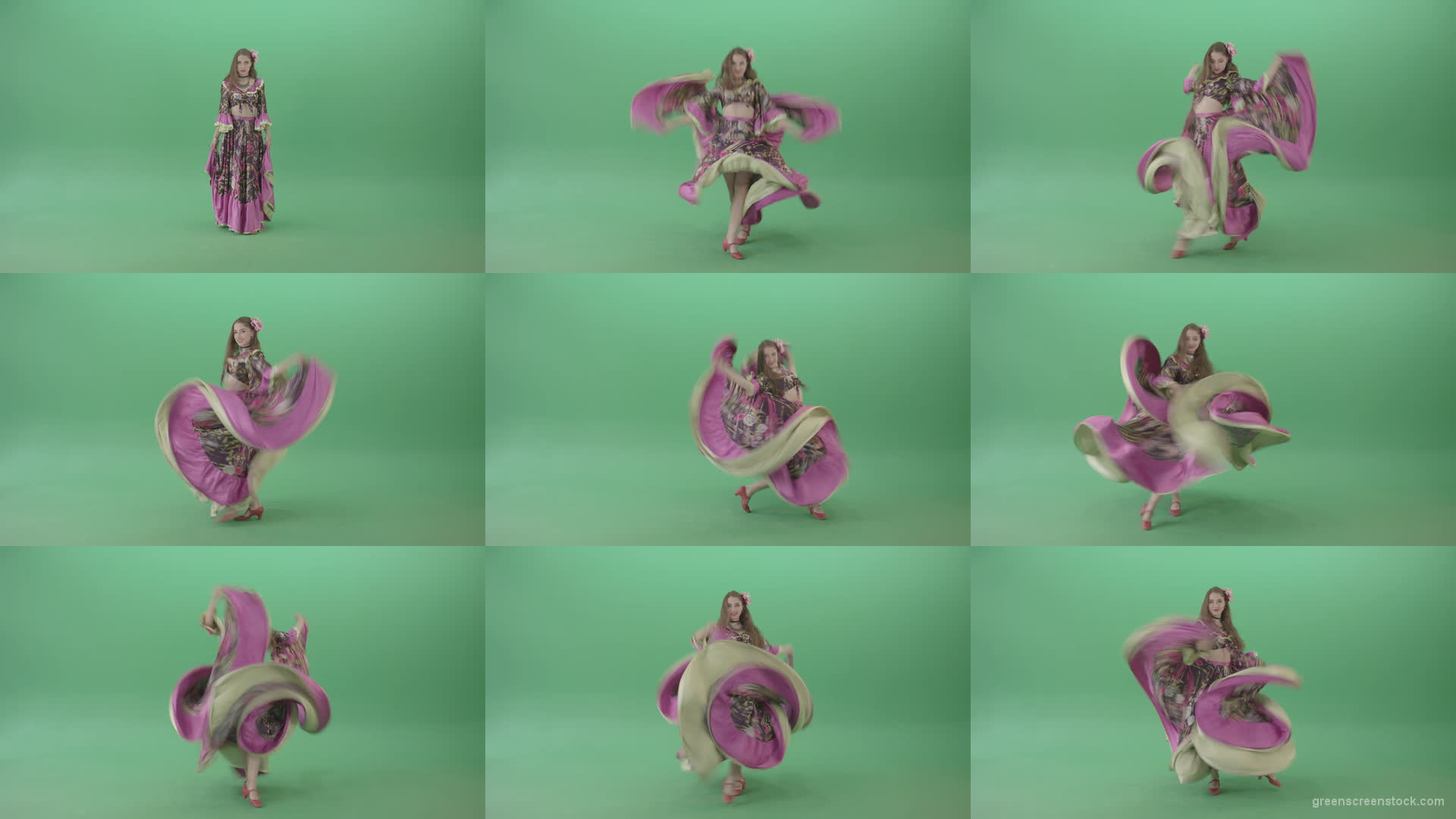 Tzigane-romana-gypsy-girl-waving-pink-dress-dancing-isolated-in-green-screen-studio-4K-Green-Screen-Video-Footage-1920 Green Screen Stock