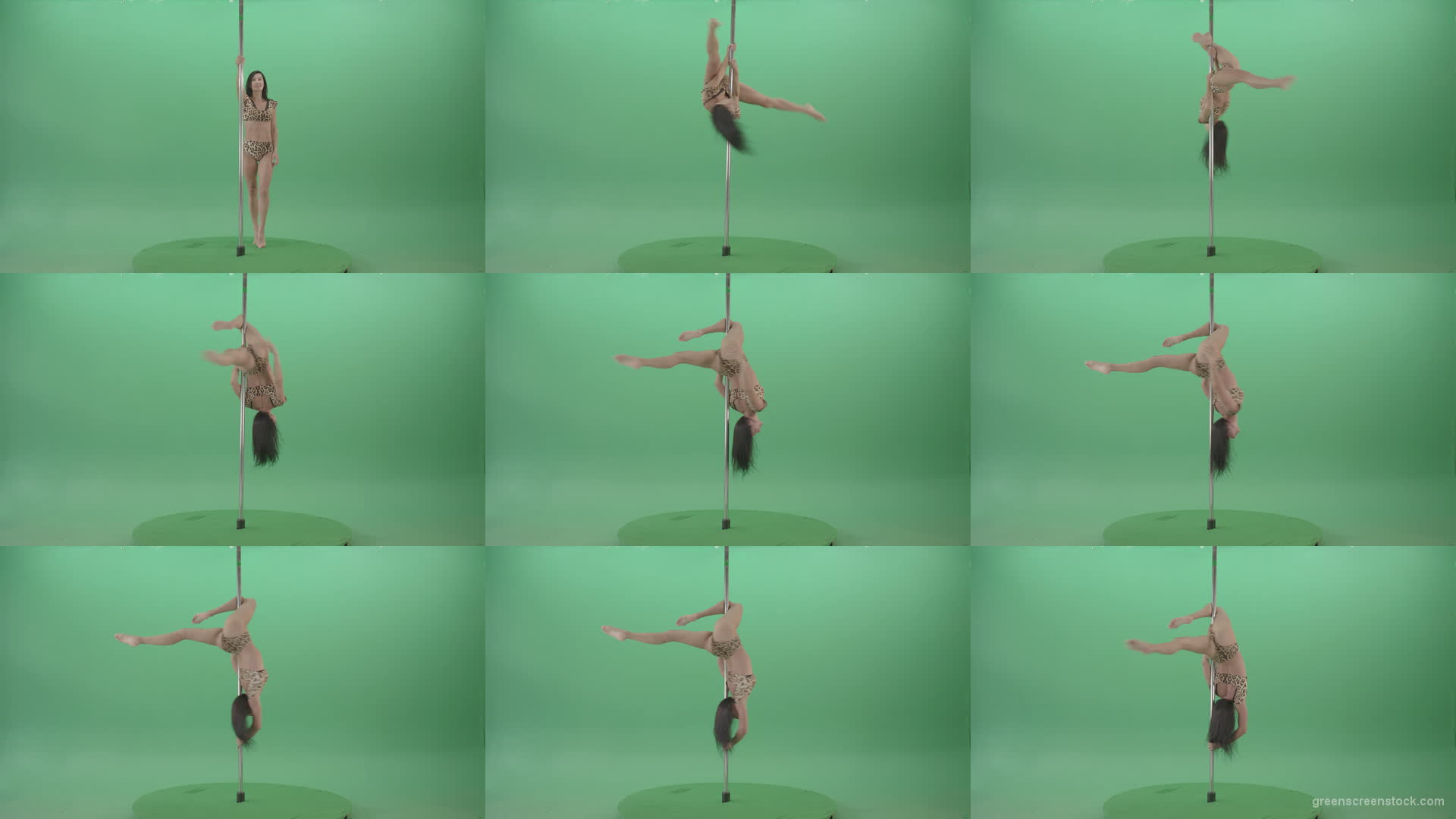 Woman-on-jaguar-skin-dress-spinning-slowly-on-pilon-making-pole-dance-on-green-screen-4K-Video-Footage-1920 Green Screen Stock