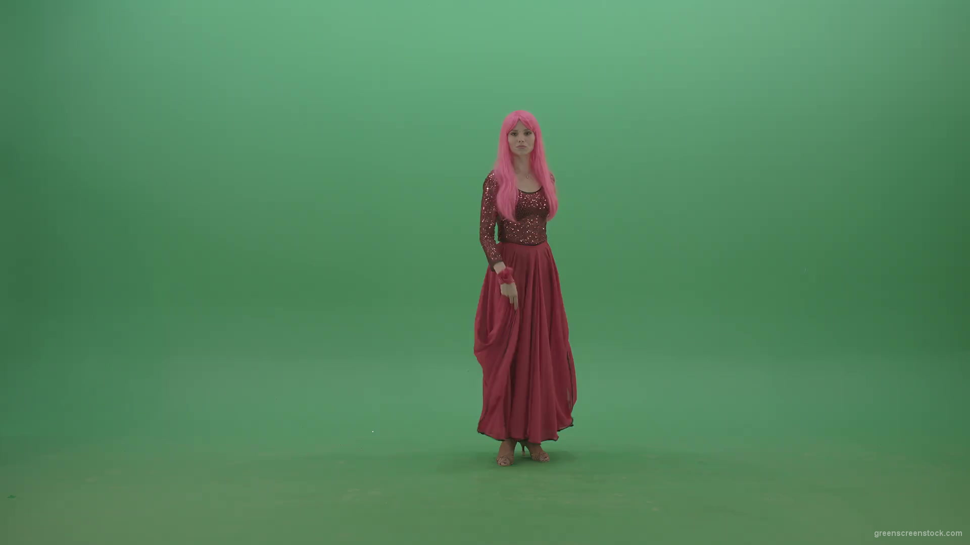 Beautiful-girl-in-red-dress-and-pink-hair-dancing-flamenco-and-spinning-on-green-screen-4K-Video-Footage-1920_001 Green Screen Stock