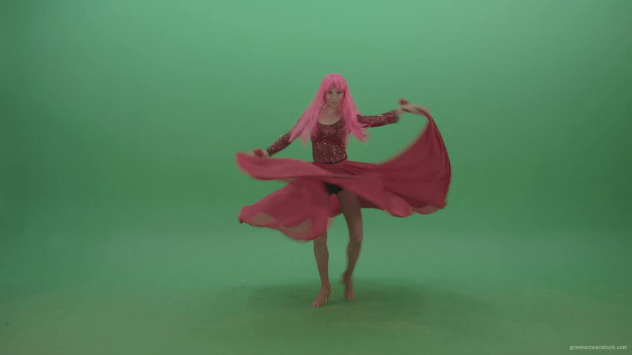 vj video background Beautiful-girl-in-red-dress-and-pink-hair-dancing-flamenco-and-spinning-on-green-screen-4K-Video-Footage-1920_003
