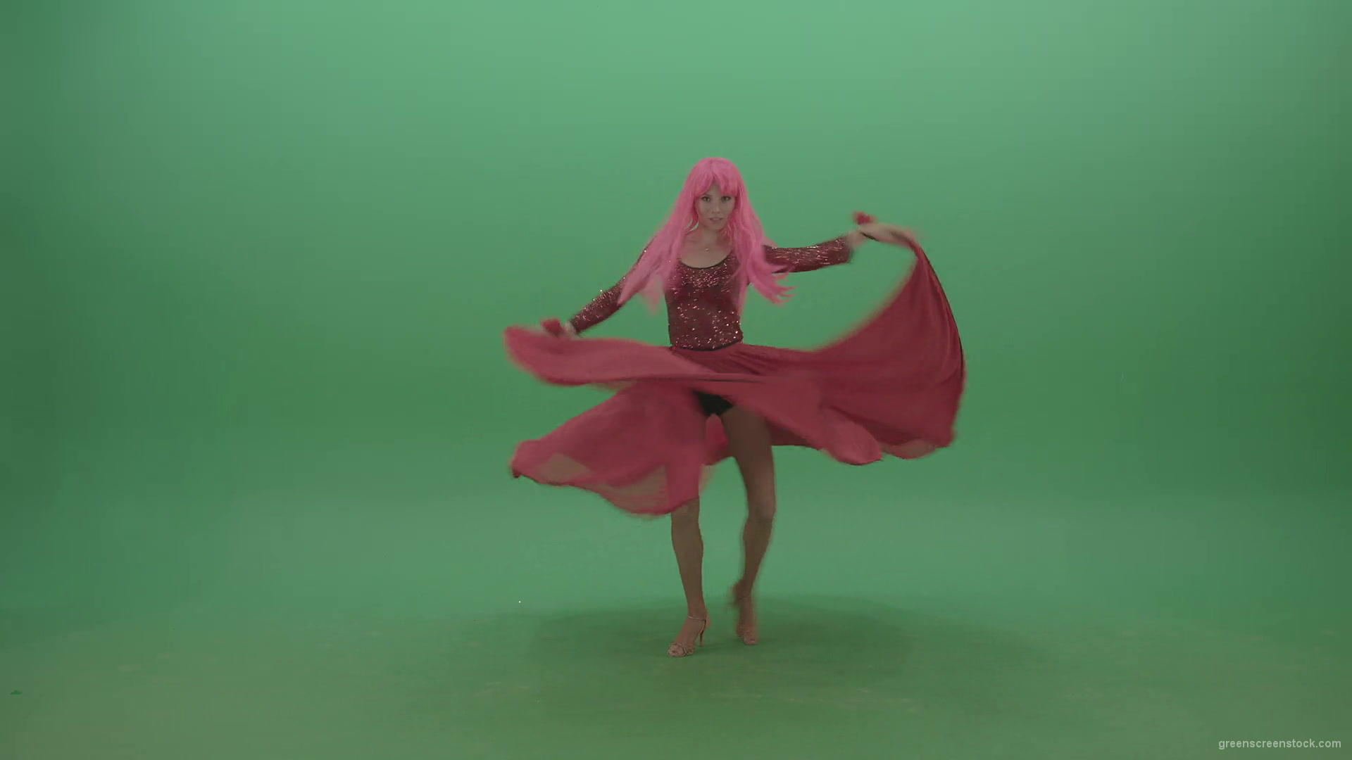 vj video background Beautiful-girl-in-red-dress-and-pink-hair-dancing-flamenco-and-spinning-on-green-screen-4K-Video-Footage-1920_003