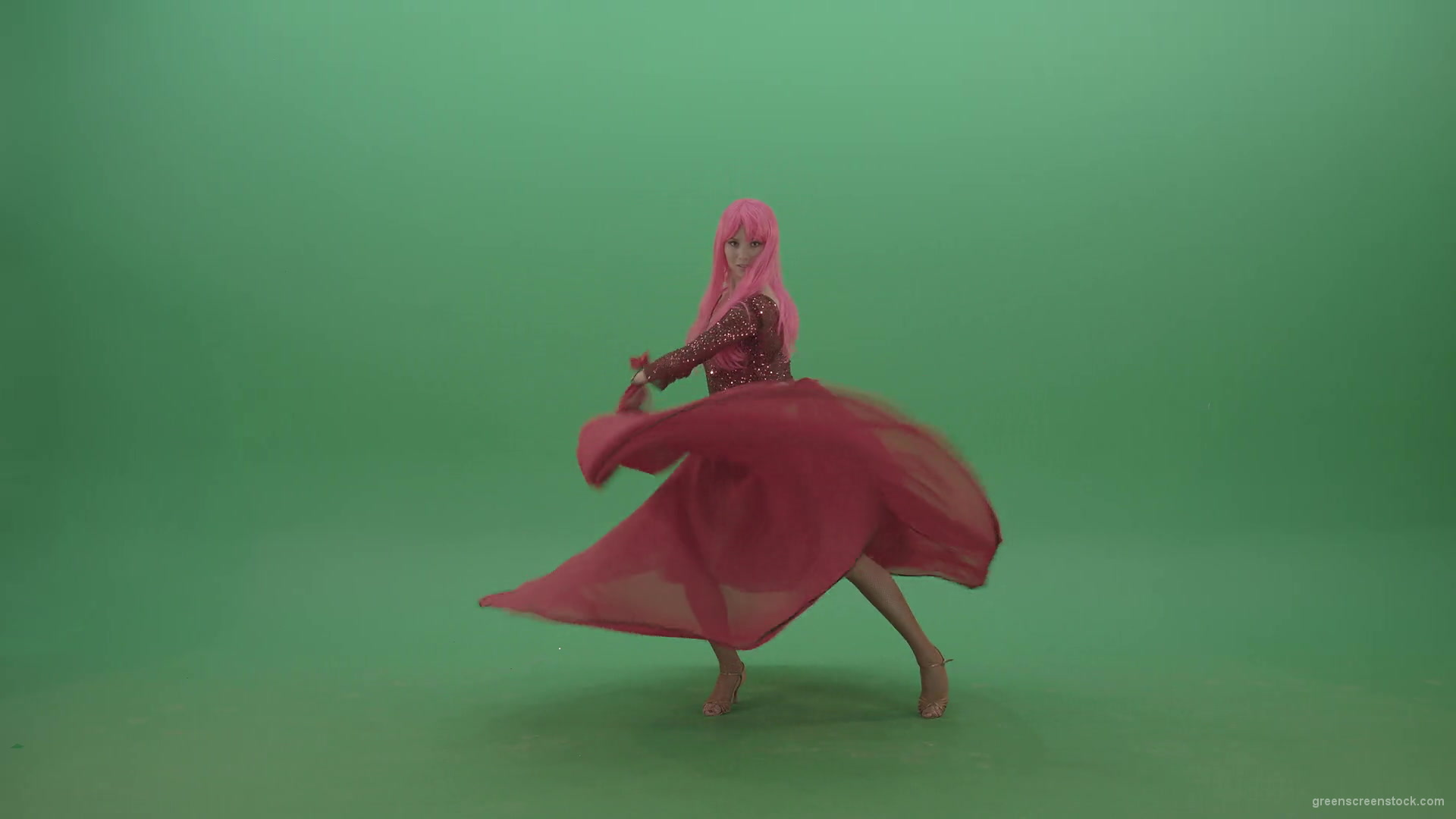 Beautiful-girl-in-red-dress-and-pink-hair-dancing-flamenco-and-spinning-on-green-screen-4K-Video-Footage-1920_005 Green Screen Stock