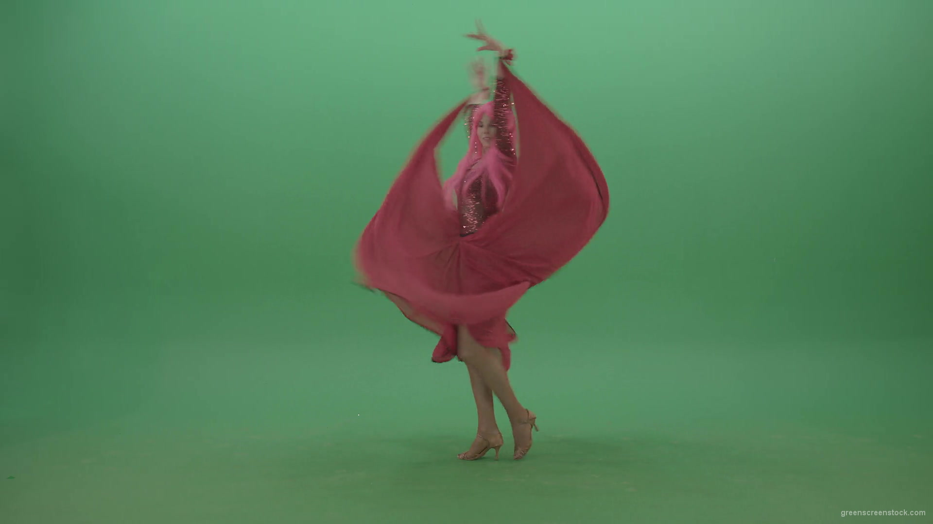Beautiful-girl-in-red-dress-and-pink-hair-dancing-flamenco-and-spinning-on-green-screen-4K-Video-Footage-1920_006 Green Screen Stock