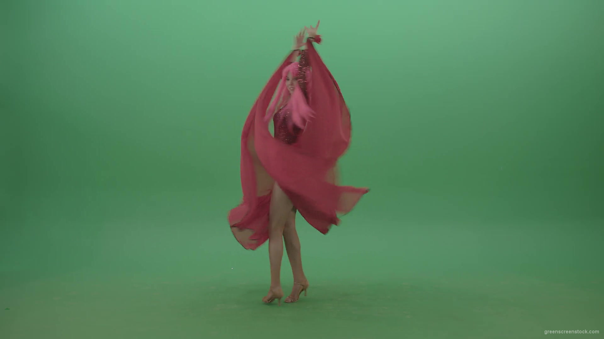 Beautiful-girl-in-red-dress-and-pink-hair-dancing-flamenco-and-spinning-on-green-screen-4K-Video-Footage-1920_007 Green Screen Stock