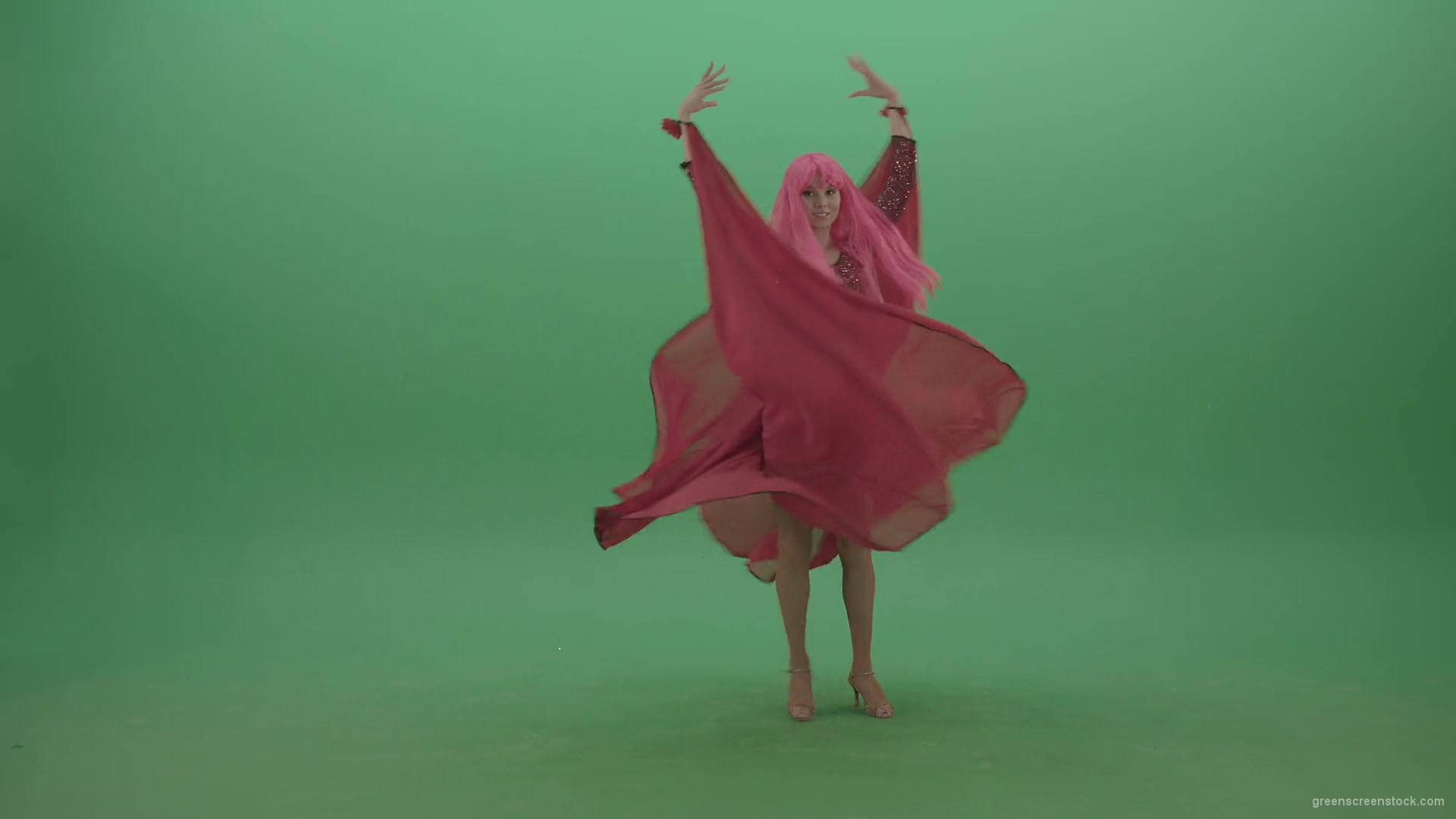 Beautiful-girl-in-red-dress-and-pink-hair-dancing-flamenco-and-spinning-on-green-screen-4K-Video-Footage-1920_008 Green Screen Stock