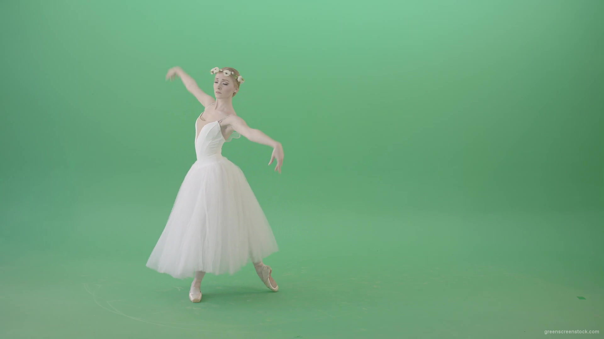 Blonde-Girl-in-elegant-white-wedding-dress-mowing-away-and-dancing-ballet-art-isolated-on-green-screen-4K-Video-Footage-1920_007 Green Screen Stock