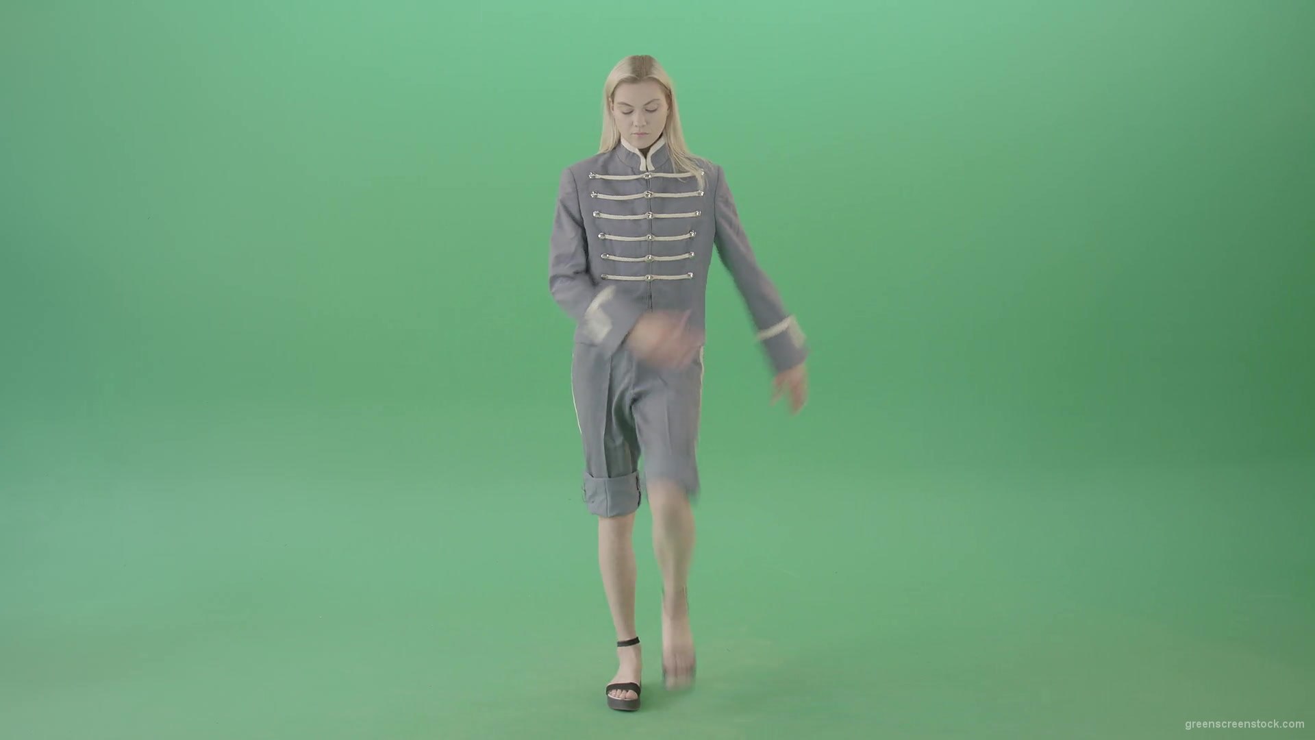 Blonde-Woman-in-blue-military-royal-empire-uniform-marching-on-green-screen-4K-Video-Footage-1920_008 Green Screen Stock