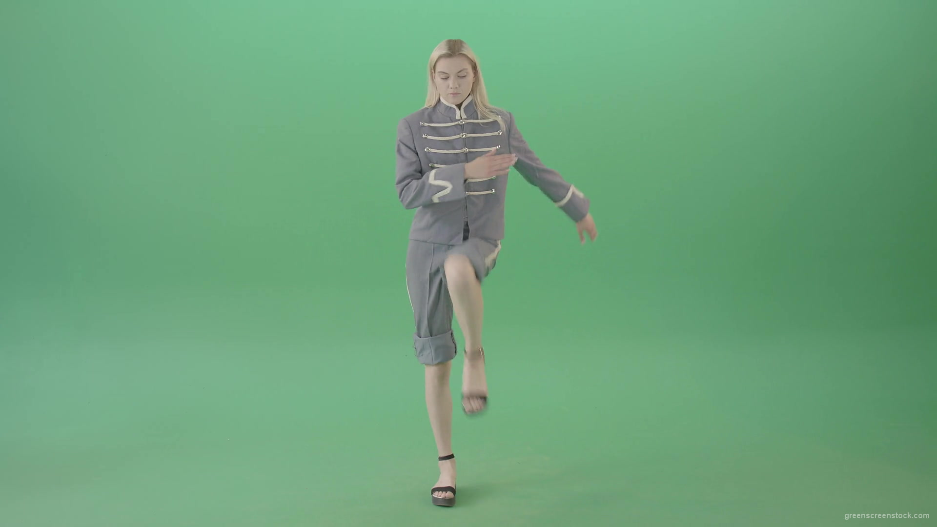 Blonde-Woman-in-blue-military-royal-empire-uniform-marching-on-green-screen-4K-Video-Footage-1920_009 Green Screen Stock