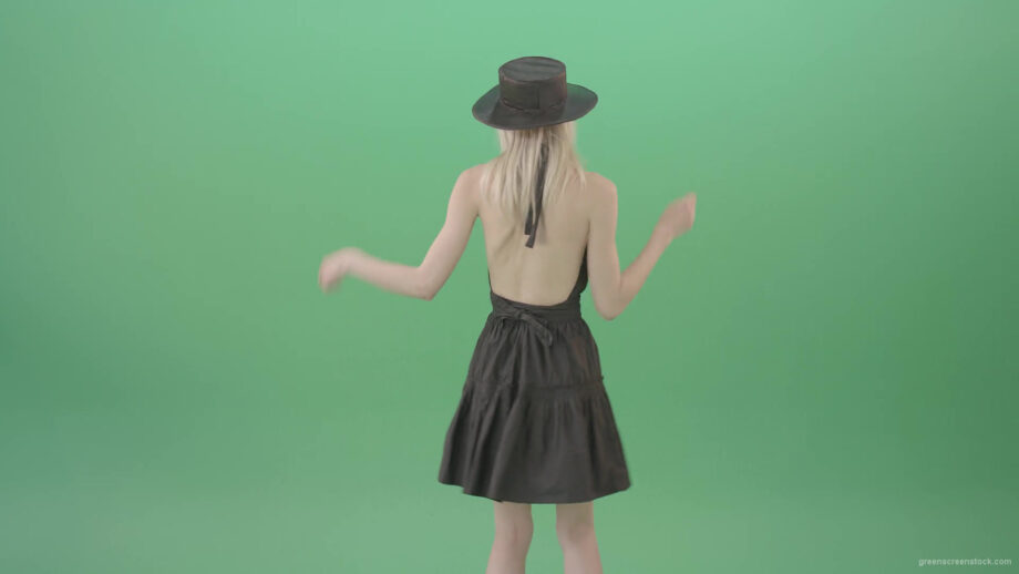 vj video background Blonde-girl-in-black-hat-with-open-back-posing-in-dark-dress-over-green-screen-4K-Video-Footage-1920_003