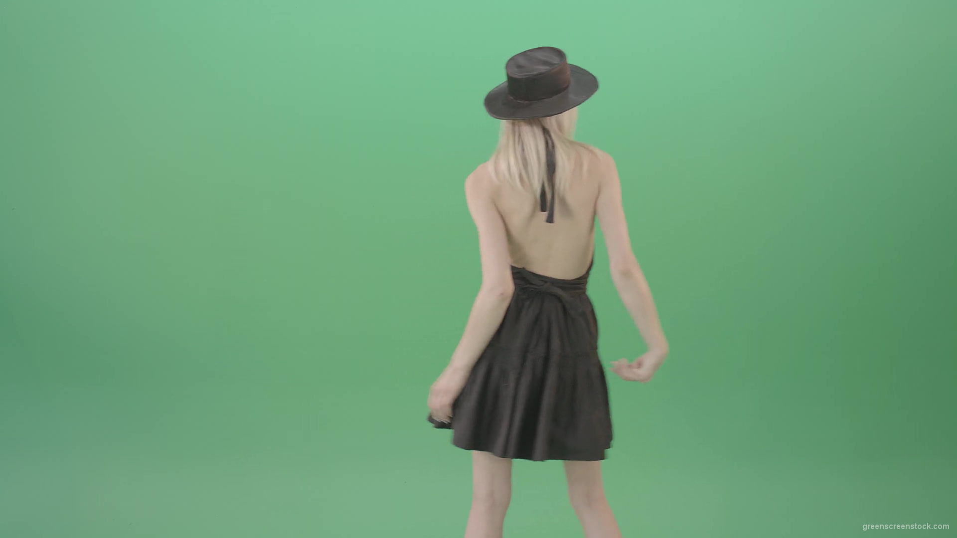 Blonde-girl-in-black-hat-with-open-back-posing-in-dark-dress-over-green-screen-4K-Video-Footage-1920_007 Green Screen Stock