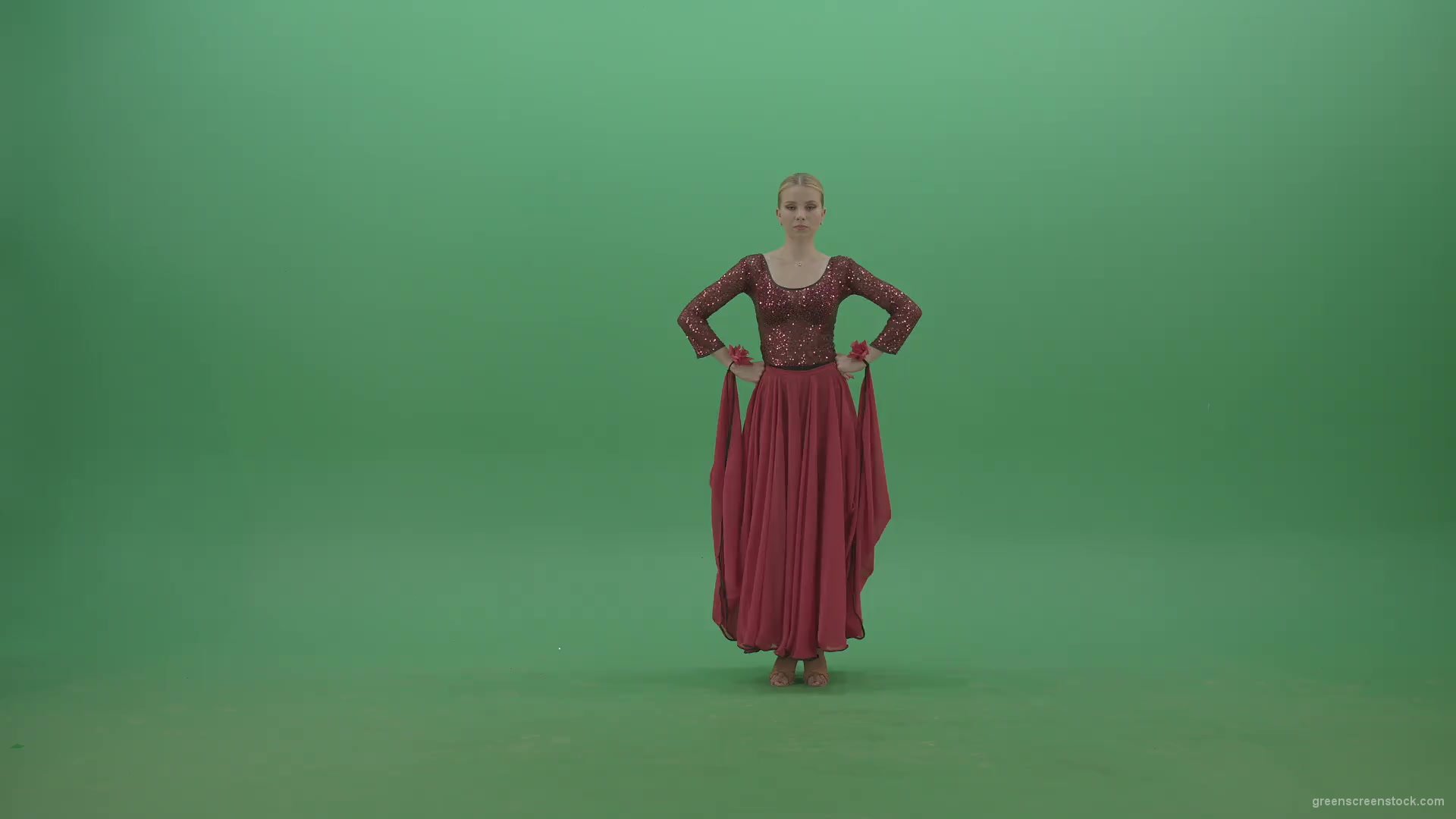 Blondie-in-red-latino-wear-moving-and-dance-on-green-screen-4K-Video-Footage-1920_001 Green Screen Stock