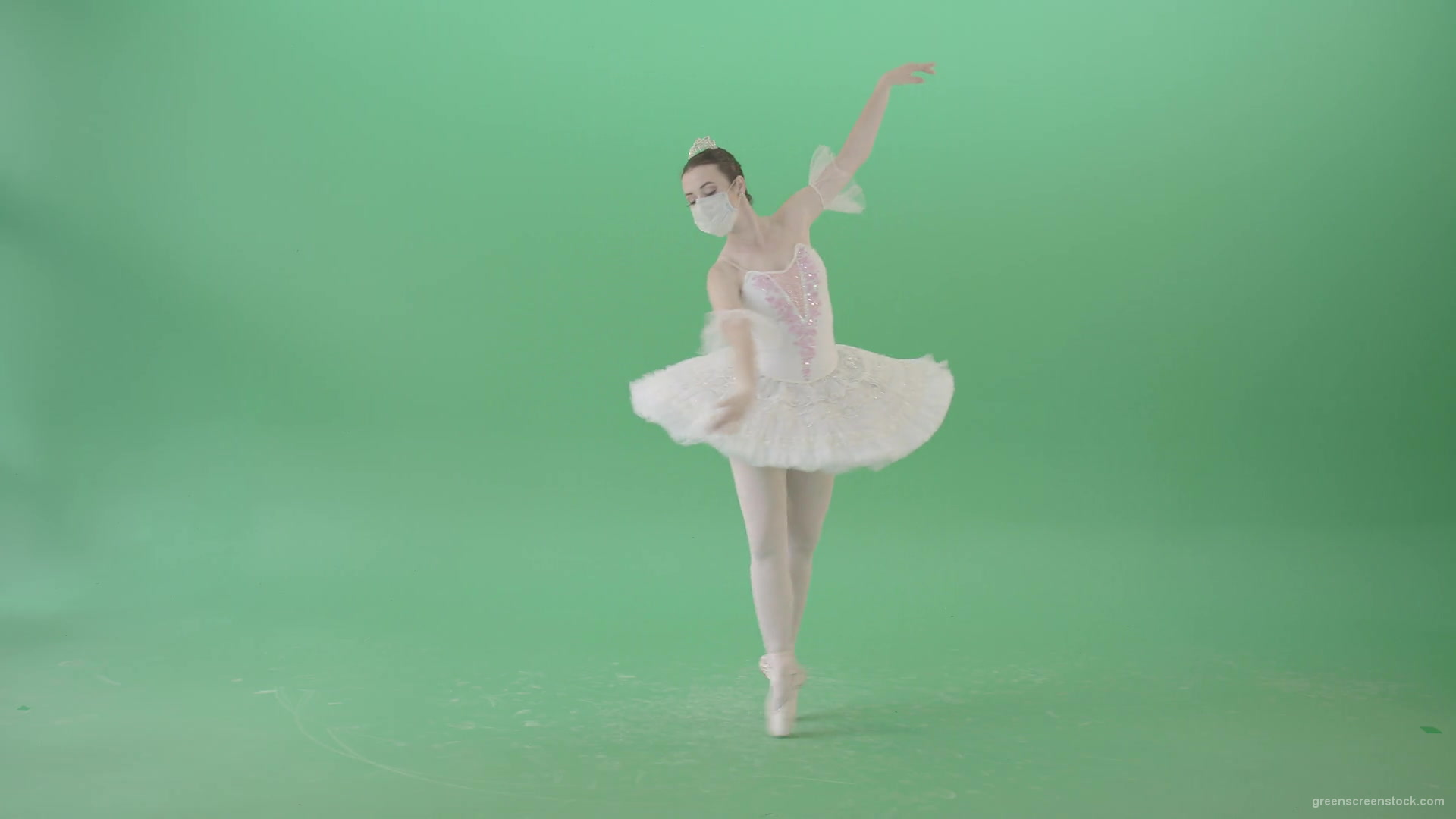 Dancing-ballerina-Girl-in-Ballet-Dress-and-Covid19-mask-dancing-isolated-on-green-screen-4K-Video-Footage--1920_006 Green Screen Stock