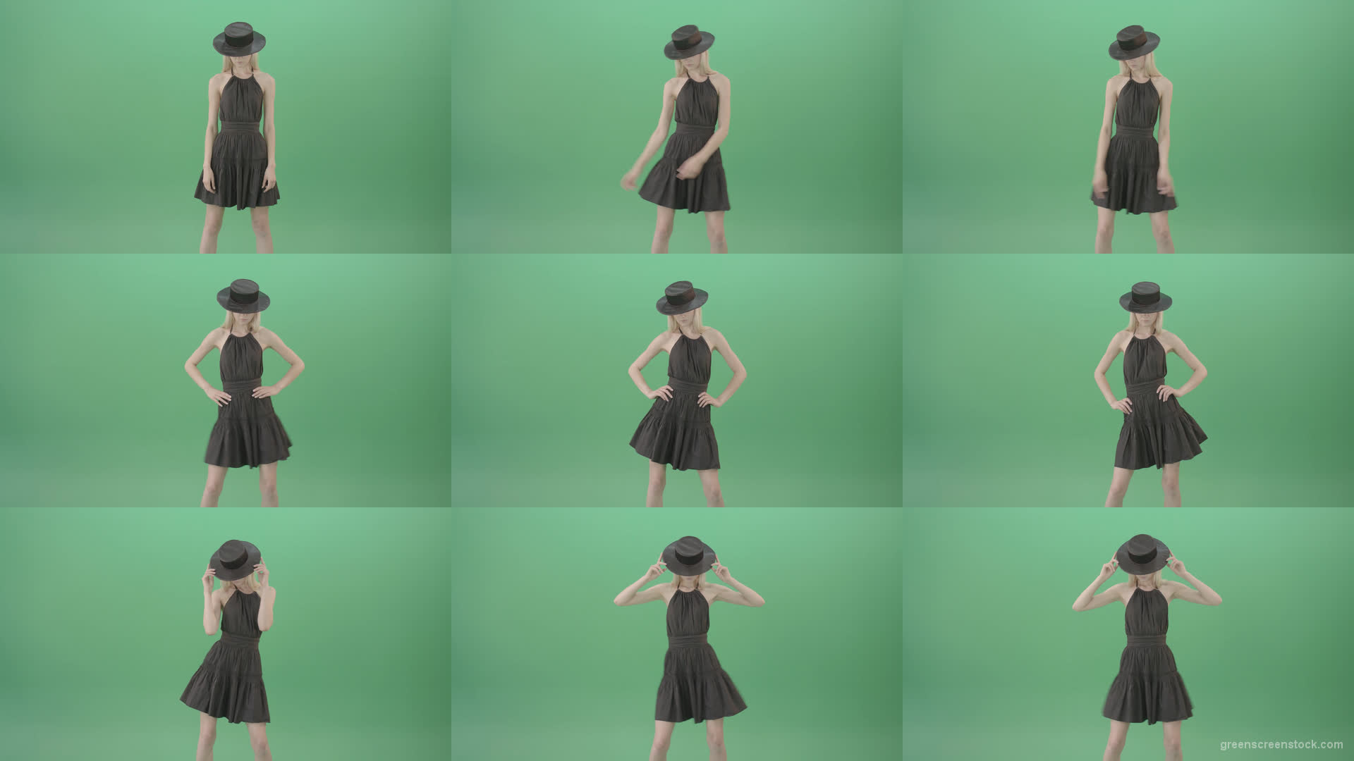 Elegant-girl-in-black-dress-and-hat-chilling-dance-isolated-on-green-screen-4K-Video-Footage-1920 Green Screen Stock