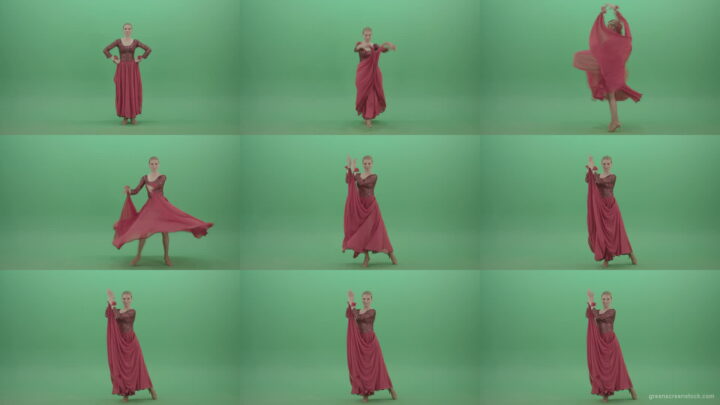 Elegant-woman-in-red-ballroom-dress-spinning-and-clapping-in-hands-isolated-on-green-screen-4K-Video-Footage-1920 Green Screen Stock