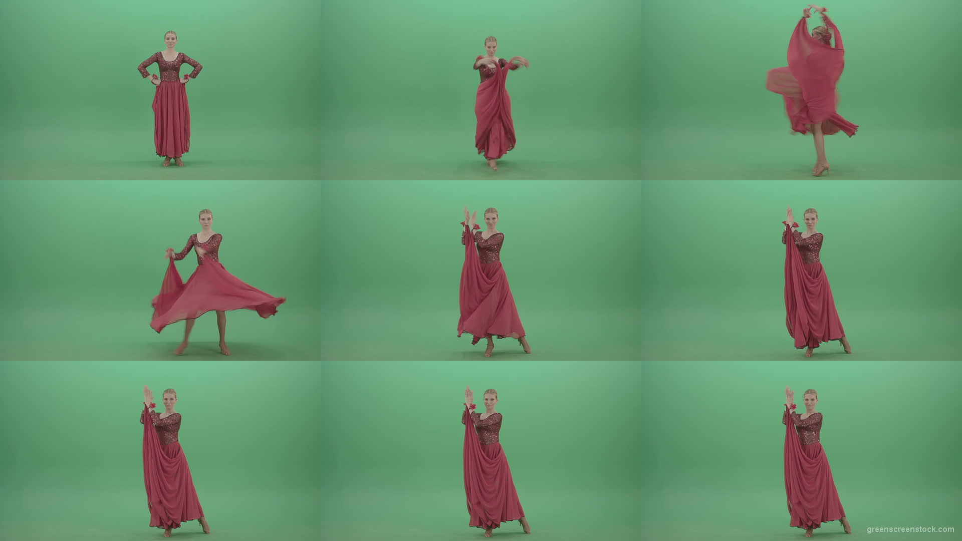 Elegant-woman-in-red-ballroom-dress-spinning-and-clapping-in-hands-isolated-on-green-screen-4K-Video-Footage-1920 Green Screen Stock