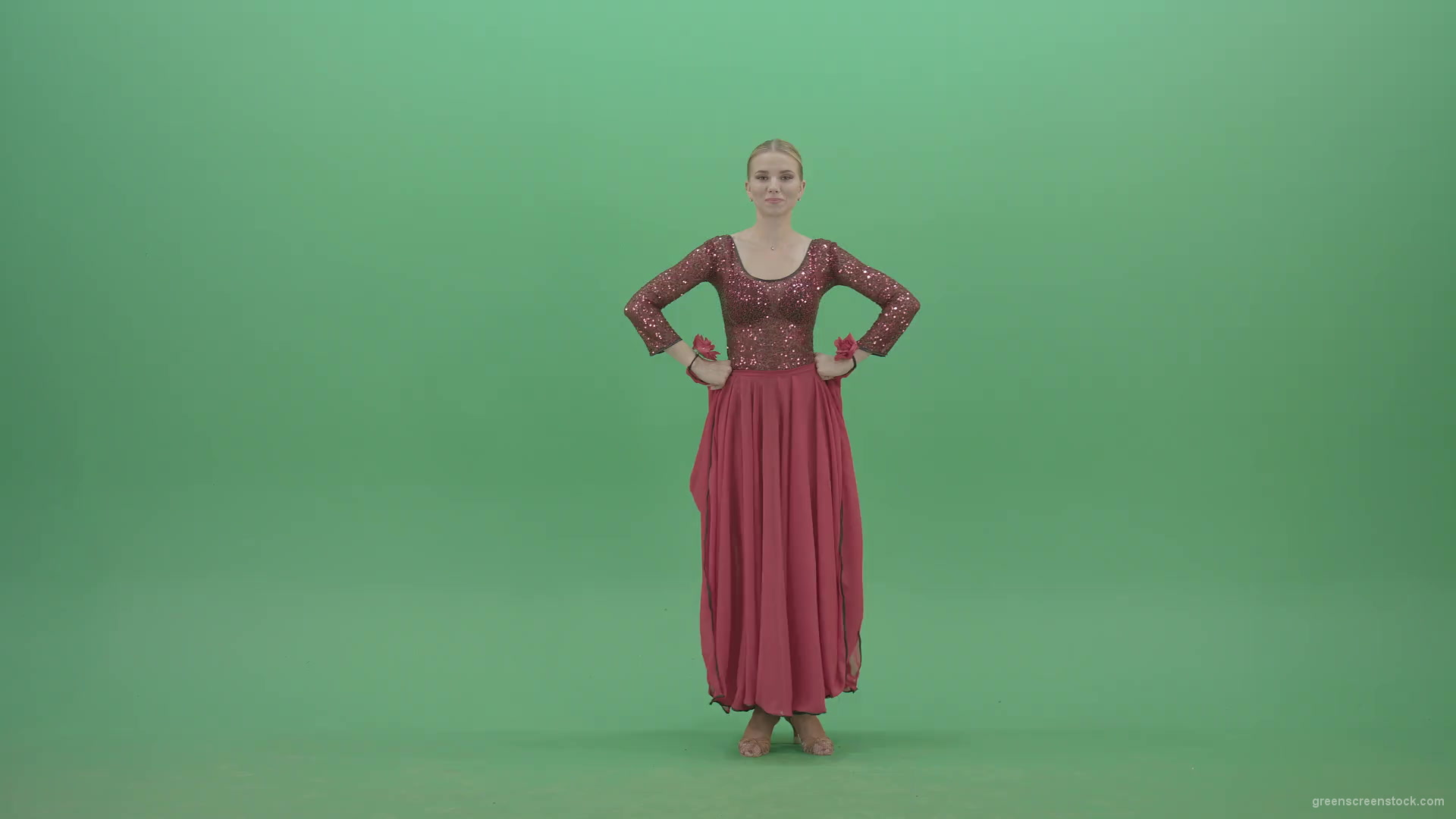 Elegant-woman-in-red-ballroom-dress-spinning-and-clapping-in-hands-isolated-on-green-screen-4K-Video-Footage-1920_001 Green Screen Stock