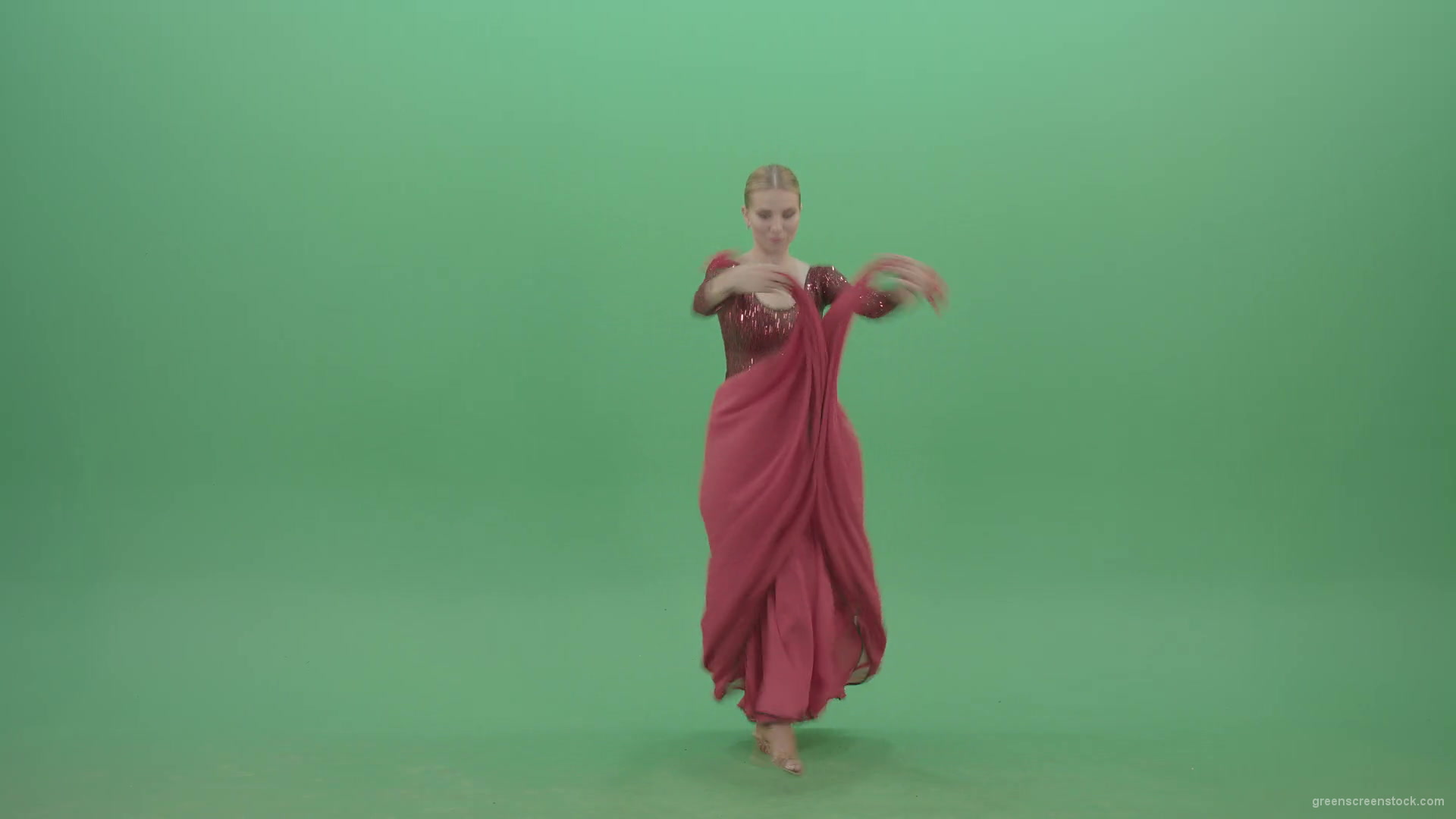 Elegant-woman-in-red-ballroom-dress-spinning-and-clapping-in-hands-isolated-on-green-screen-4K-Video-Footage-1920_002 Green Screen Stock