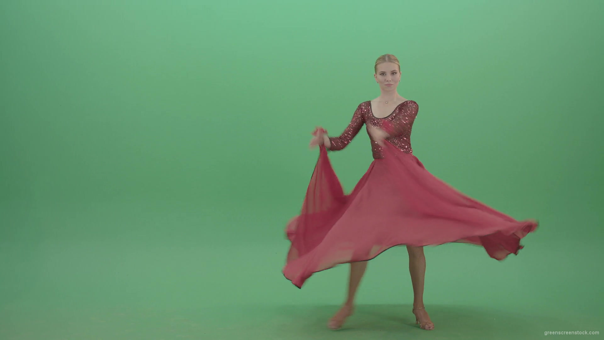 Elegant-woman-in-red-ballroom-dress-spinning-and-clapping-in-hands-isolated-on-green-screen-4K-Video-Footage-1920_004 Green Screen Stock