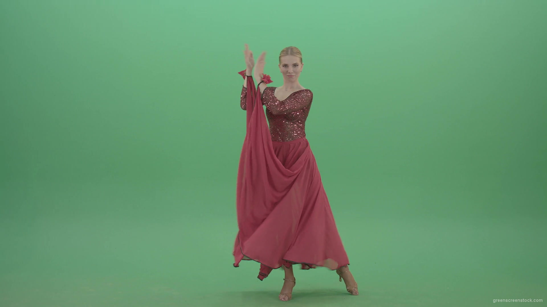 Elegant-woman-in-red-ballroom-dress-spinning-and-clapping-in-hands-isolated-on-green-screen-4K-Video-Footage-1920_005 Green Screen Stock