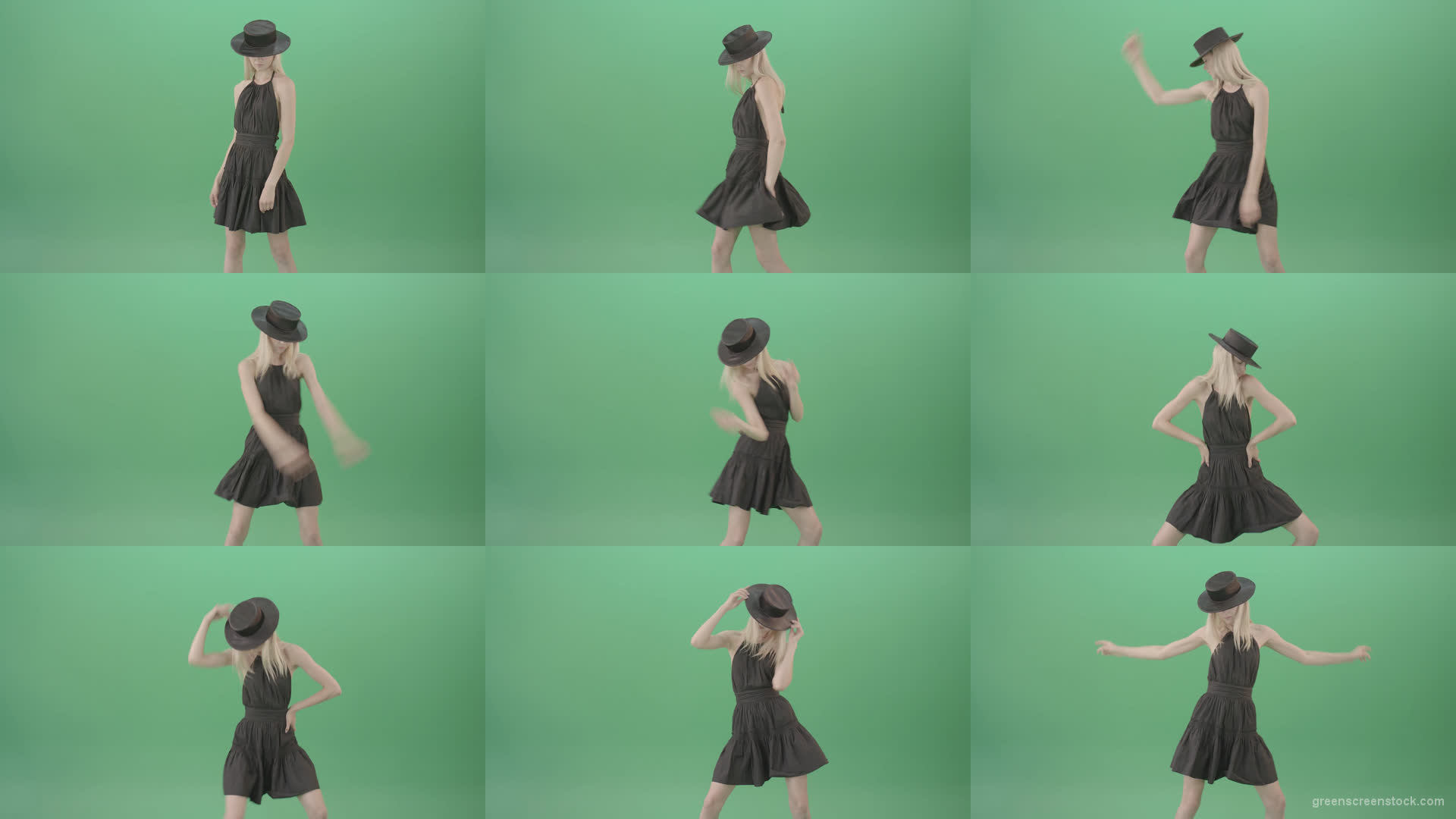 Fashion-model-in-black-dress-posing-dance-isolated-on-green-background-4K-Video-Footage-1920 Green Screen Stock