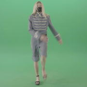 Female-yound-blonde-girl-in-black-mask-and-military-old-uniform-marching-in-front-over-green-screen-4K-Video-Footage-1920_007 Green Screen Stock