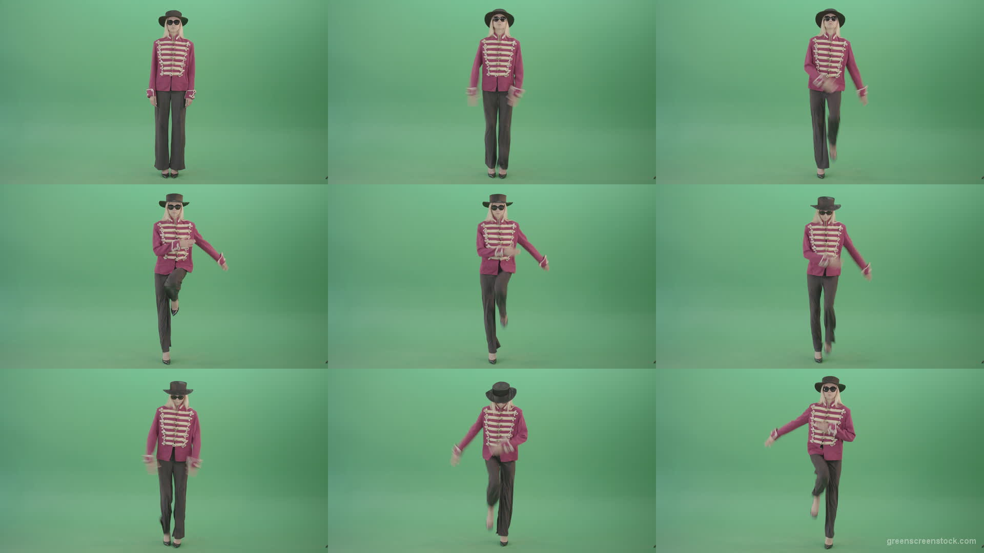 Girl-in-black-hat-and-red-uniform-marching-in-front-view-on-green-screen-4K-Video-footage-1920 Green Screen Stock