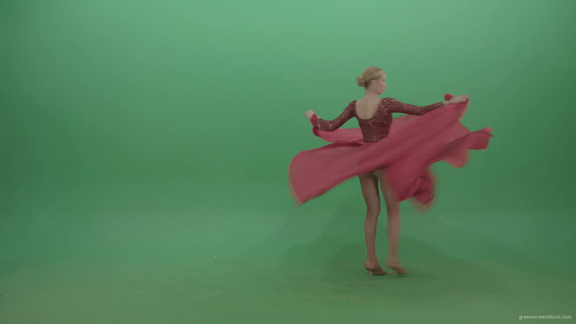 Girl-in-red-dress-moving-from-left-to-right-spinning-in-flower-passion-dance-on-green-screen-4K-Video-Footage-1920_006 Green Screen Stock