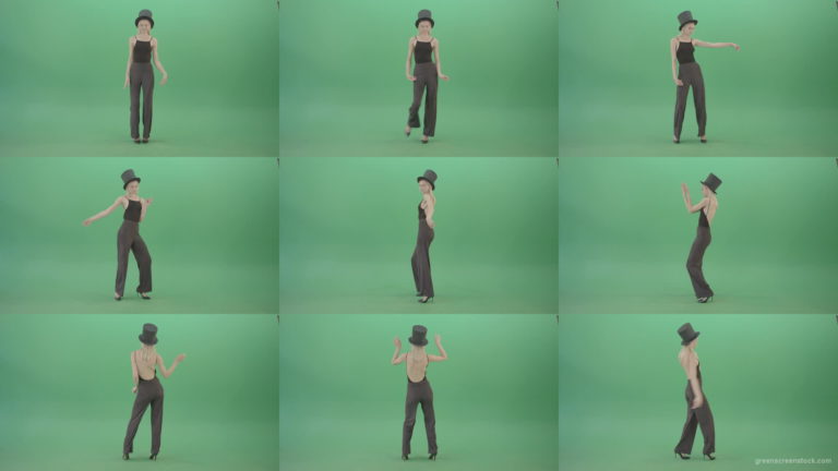 Girl-with-black-busines-cylinder-hat-dancing-isolated-on-green-background-4K-Video-Footage-1920 Green Screen Stock