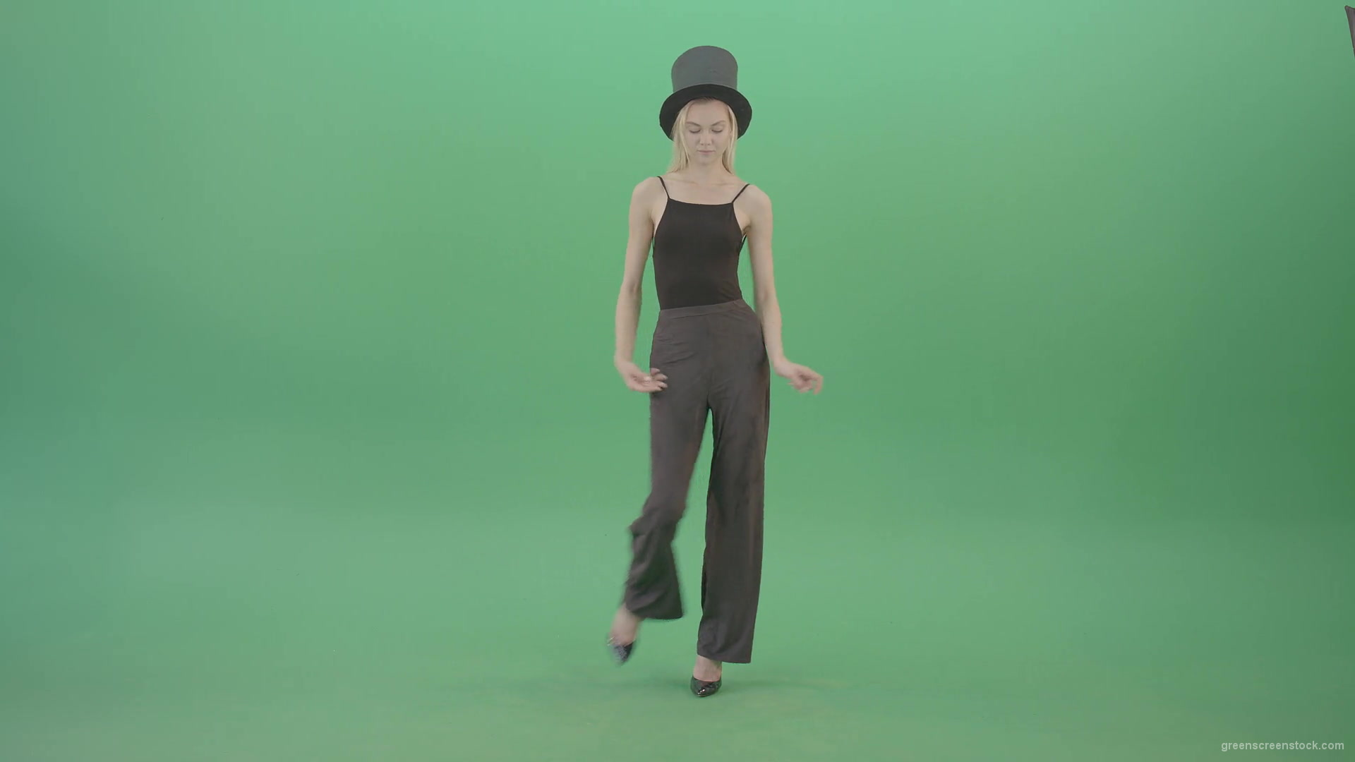 Girl-with-black-busines-cylinder-hat-dancing-isolated-on-green-background-4K-Video-Footage-1920_002 Green Screen Stock