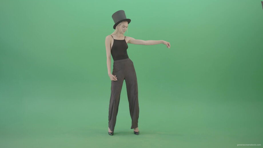 vj video background Girl-with-black-busines-cylinder-hat-dancing-isolated-on-green-background-4K-Video-Footage-1920_003