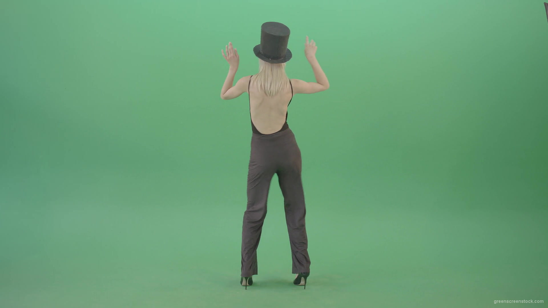 Girl-with-black-busines-cylinder-hat-dancing-isolated-on-green-background-4K-Video-Footage-1920_008 Green Screen Stock