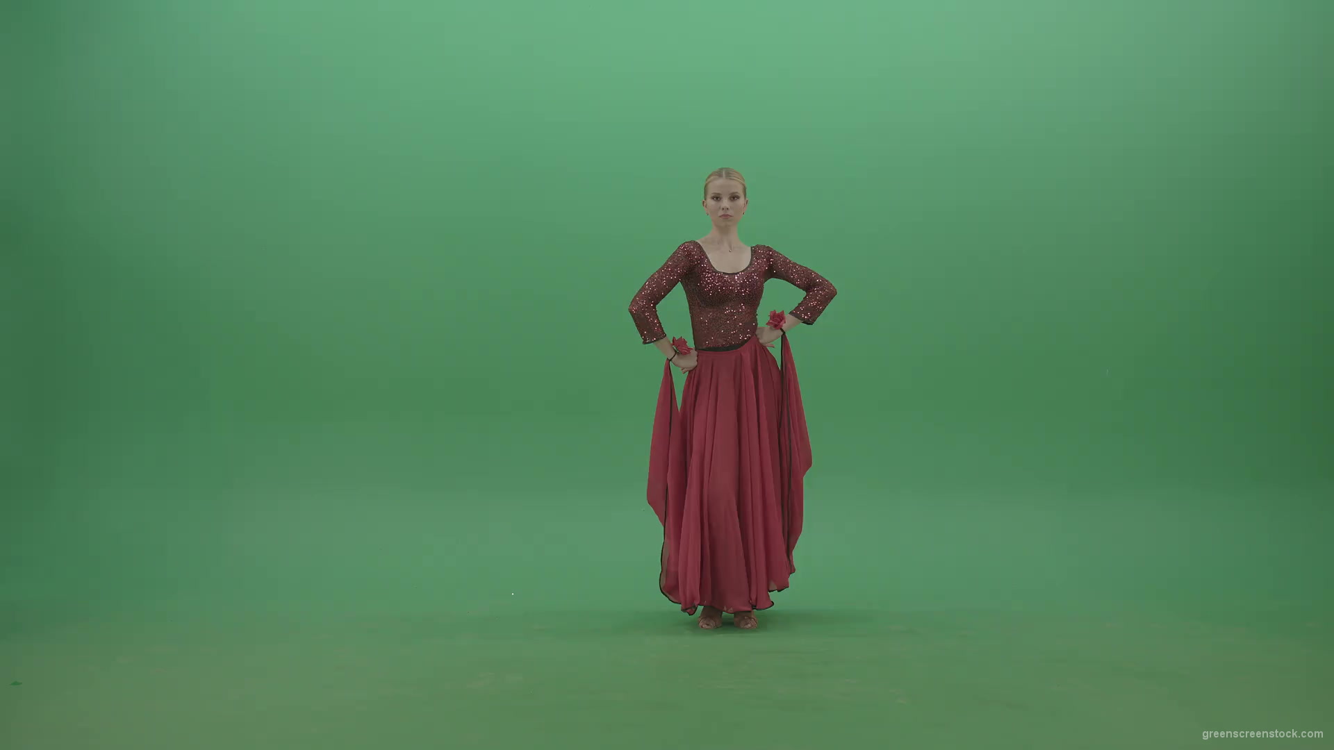Lovely-rumba-dance-girls-waving-shoulders-in-red-sexy-dress-isolated-on-green-background-4K-Video-Footage-1920_001 Green Screen Stock