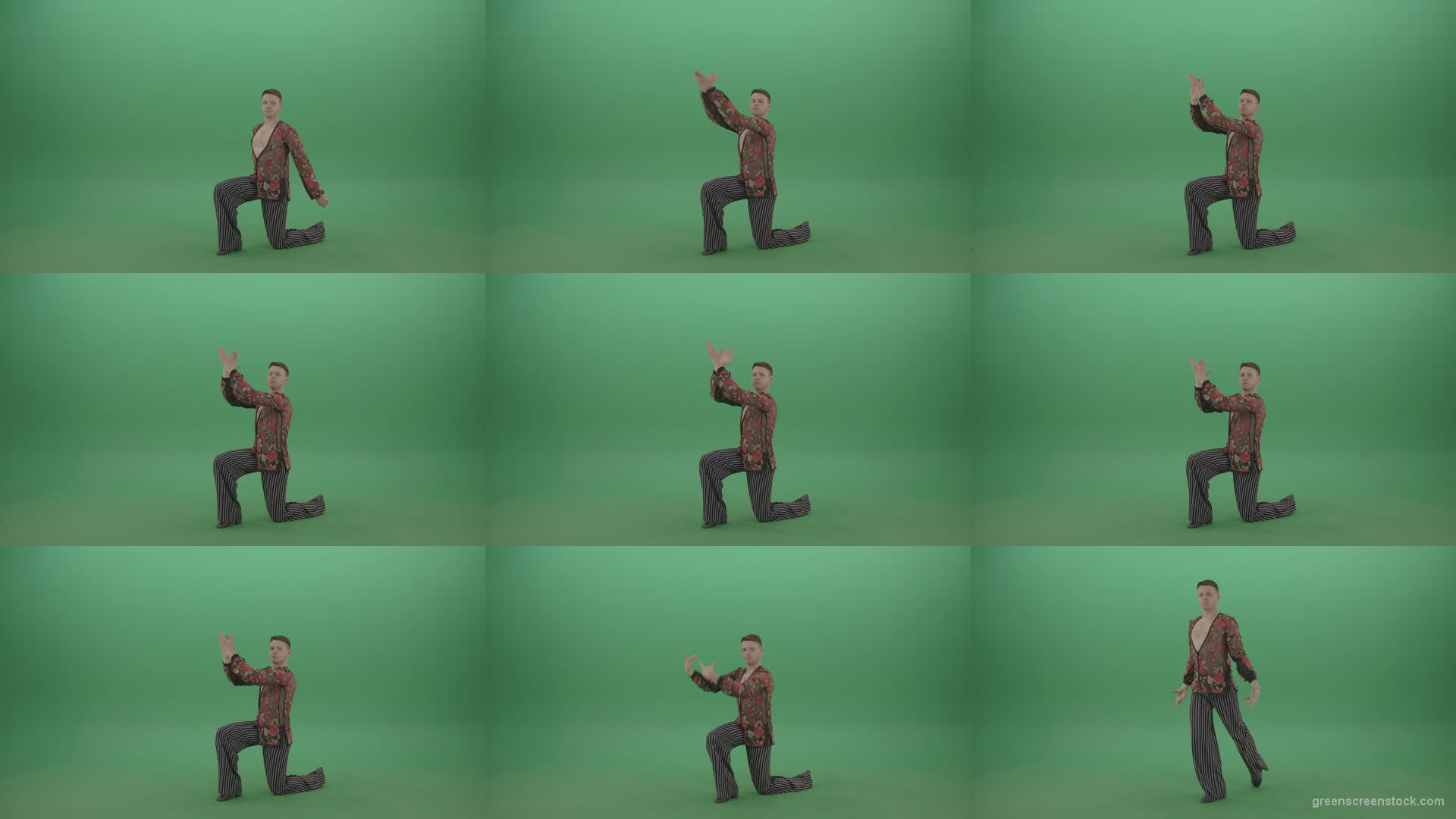 Rumba-Man-get-down-on-one-knees-and-clapping-in-hands-over-green-screen-4K-Video-Footage--1920 Green Screen Stock