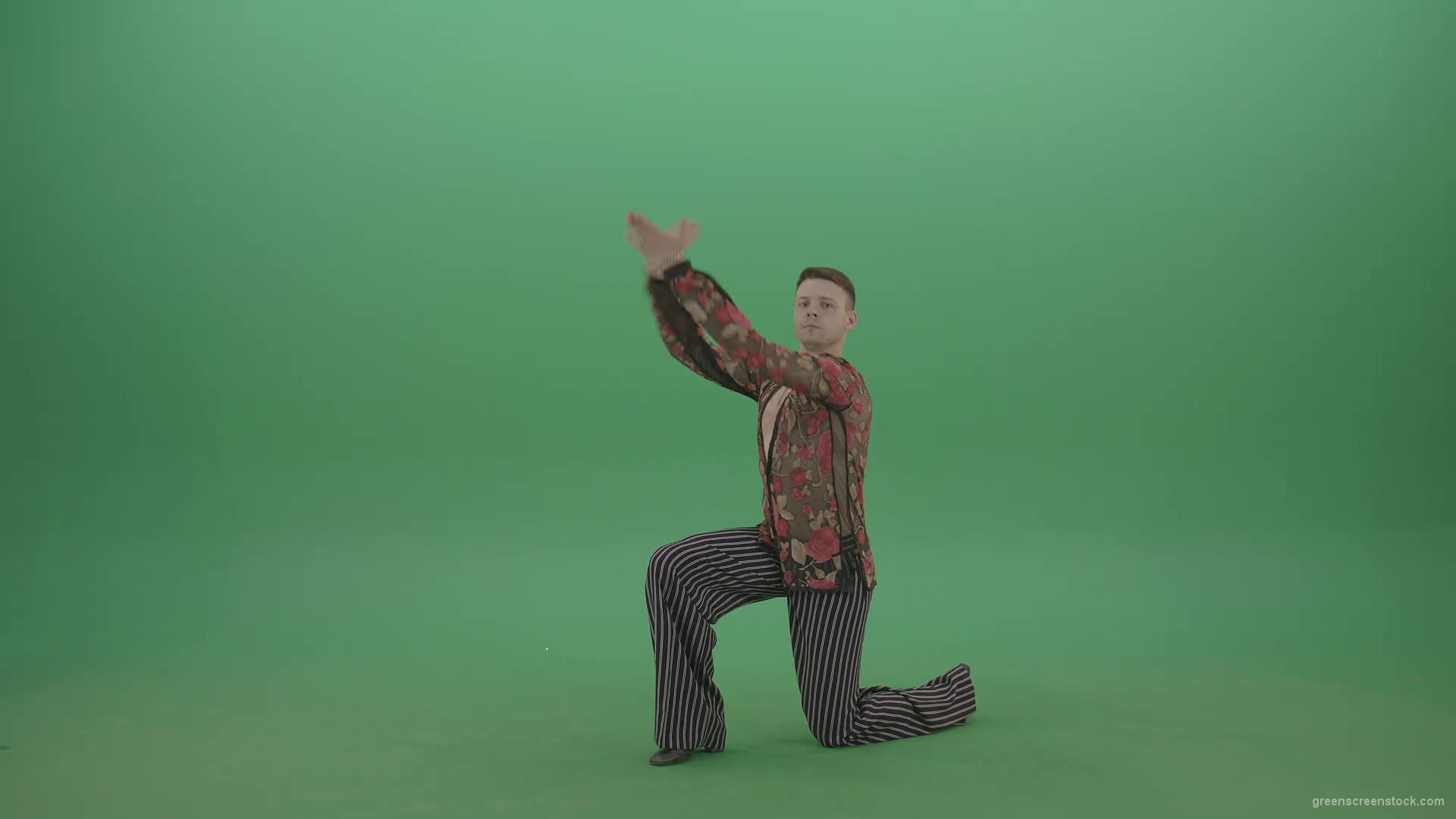 Rumba-Man-get-down-on-one-knees-and-clapping-in-hands-over-green-screen-4K-Video-Footage--1920_002 Green Screen Stock