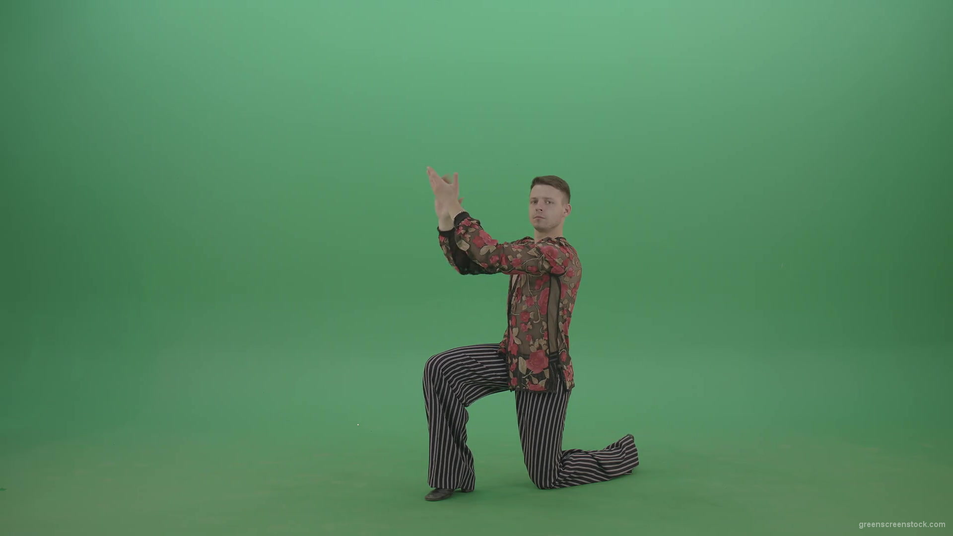 Rumba-Man-get-down-on-one-knees-and-clapping-in-hands-over-green-screen-4K-Video-Footage--1920_007 Green Screen Stock