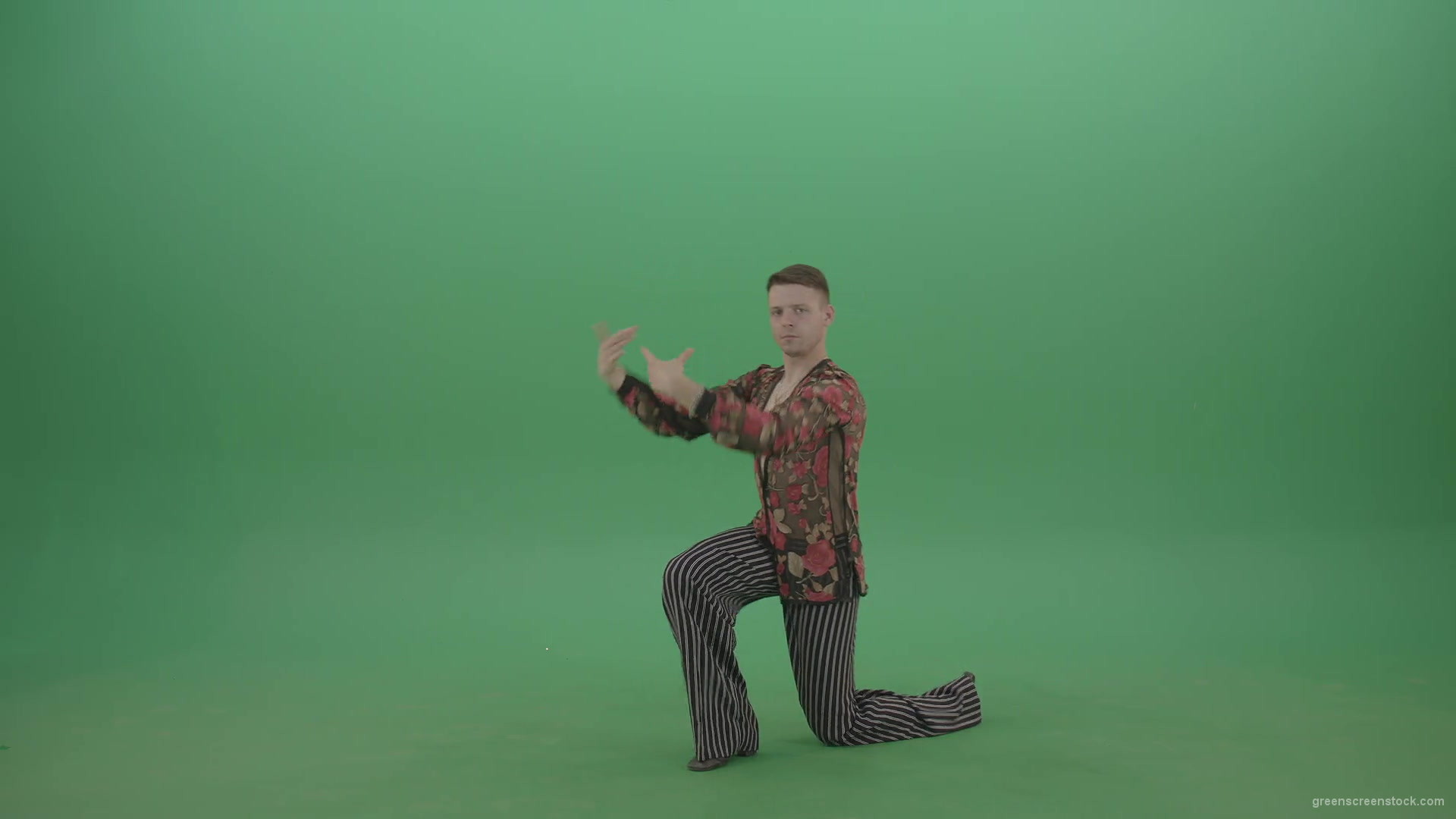 Rumba-Man-get-down-on-one-knees-and-clapping-in-hands-over-green-screen-4K-Video-Footage--1920_008 Green Screen Stock