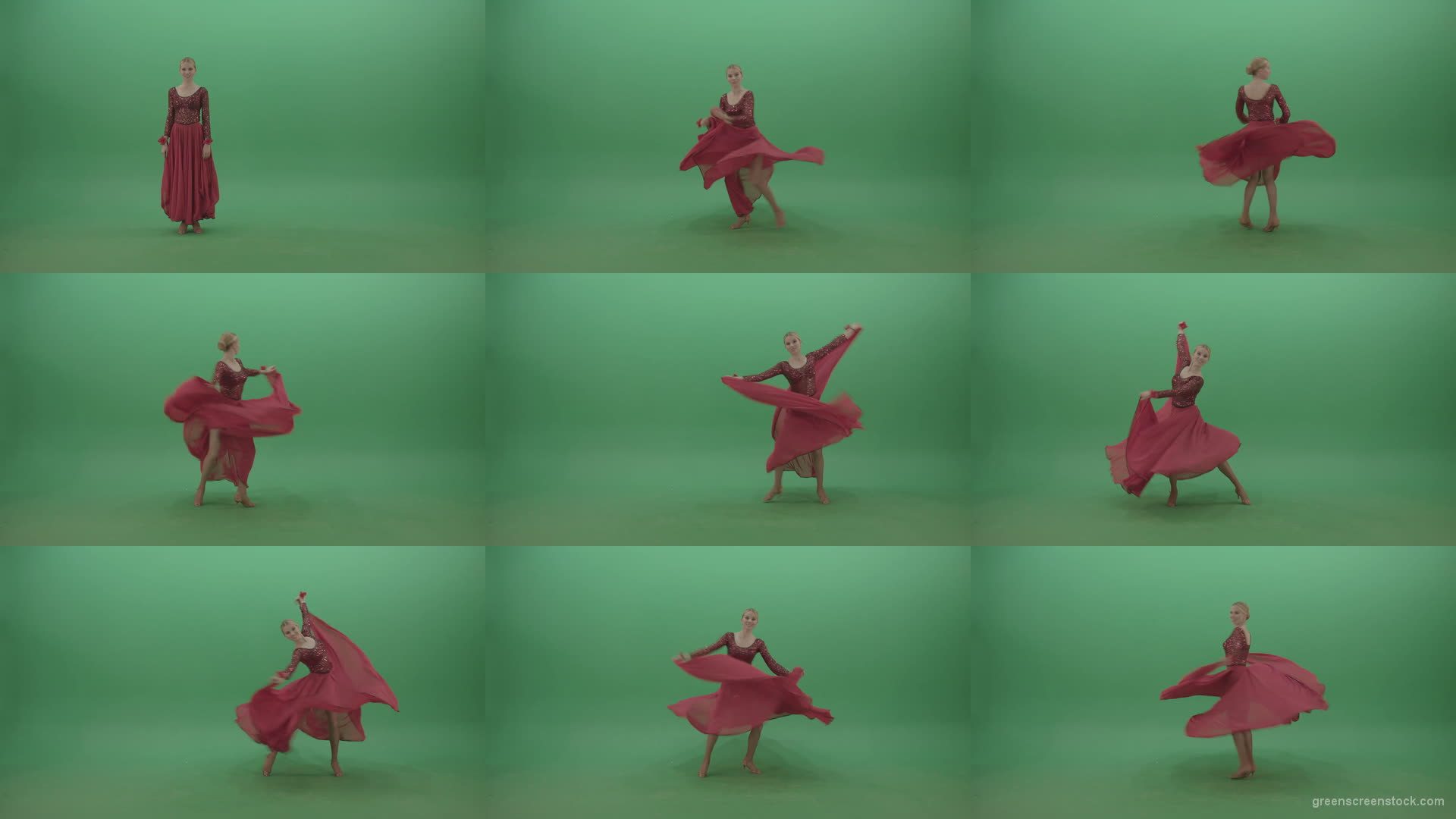Spinning-woman-in-red-dress-showing-dance-flamenco-moves-over-green-screen-4K-Video-Footage-1920 Green Screen Stock