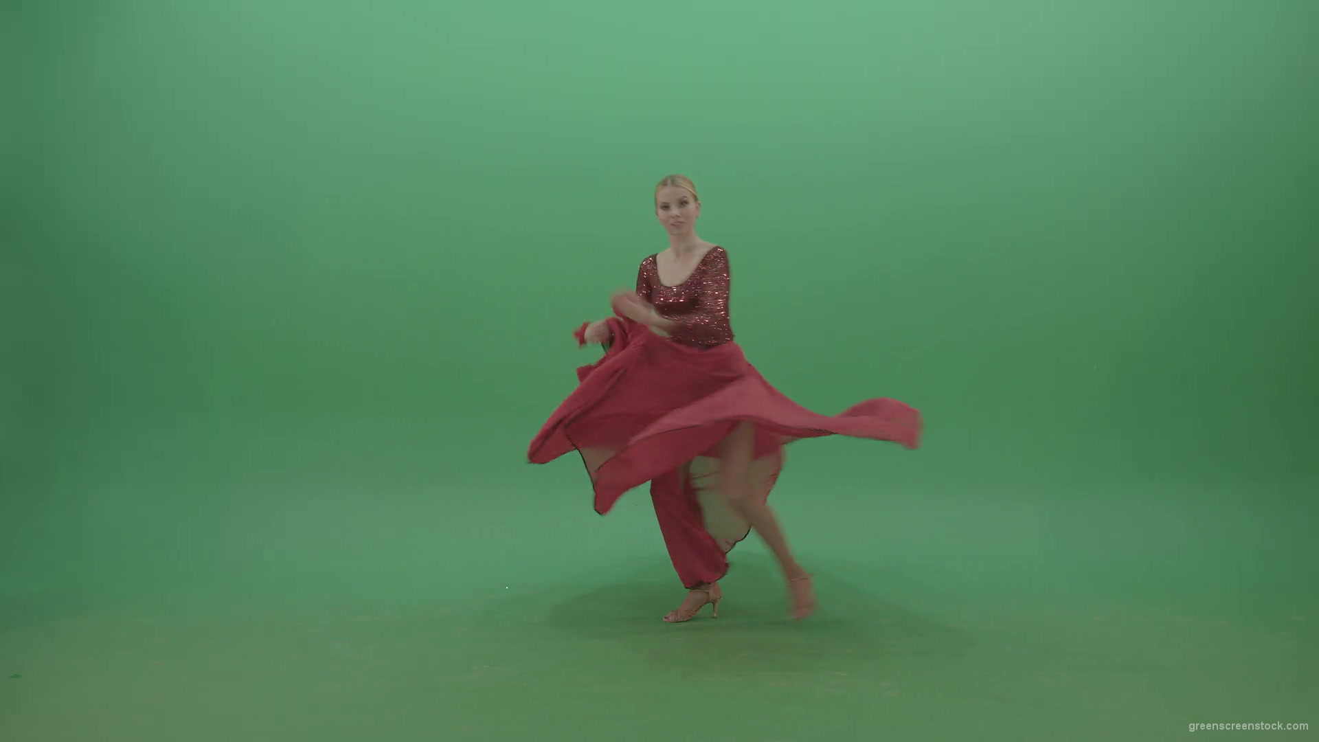 Spinning-woman-in-red-dress-showing-dance-flamenco-moves-over-green-screen-4K-Video-Footage-1920_002 Green Screen Stock