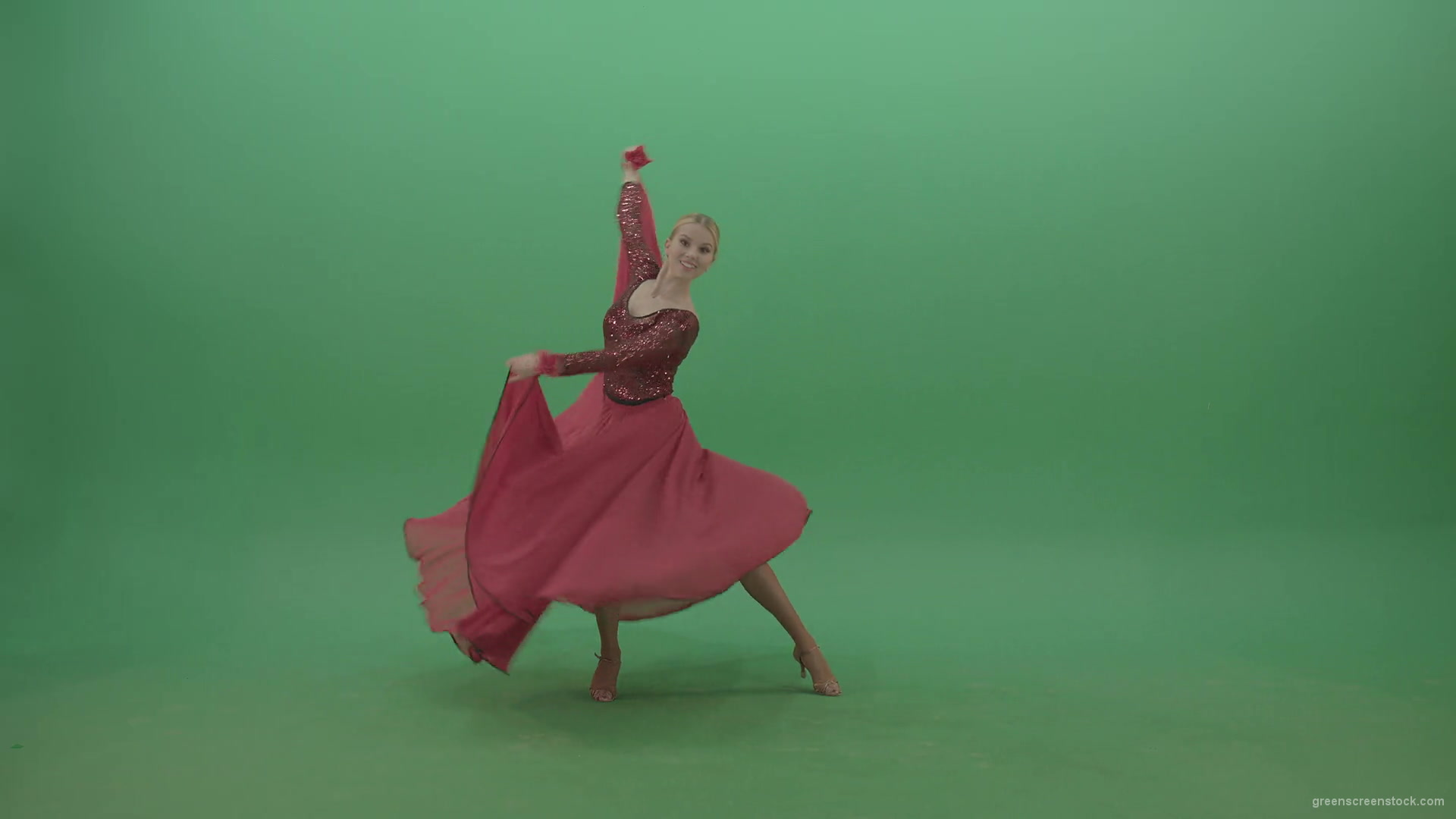 Spinning-woman-in-red-dress-showing-dance-flamenco-moves-over-green-screen-4K-Video-Footage-1920_006 Green Screen Stock