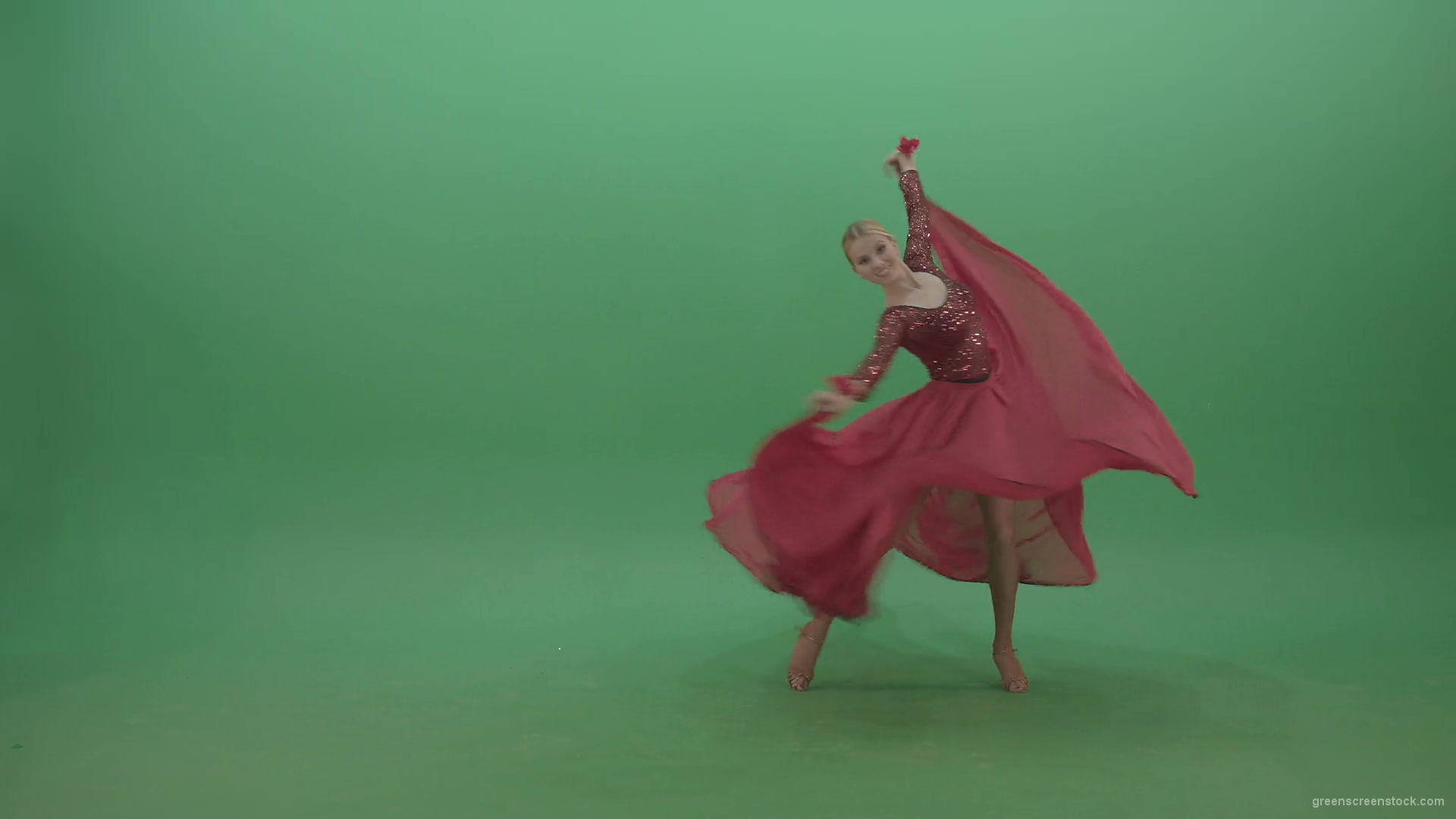 Spinning-woman-in-red-dress-showing-dance-flamenco-moves-over-green-screen-4K-Video-Footage-1920_007 Green Screen Stock