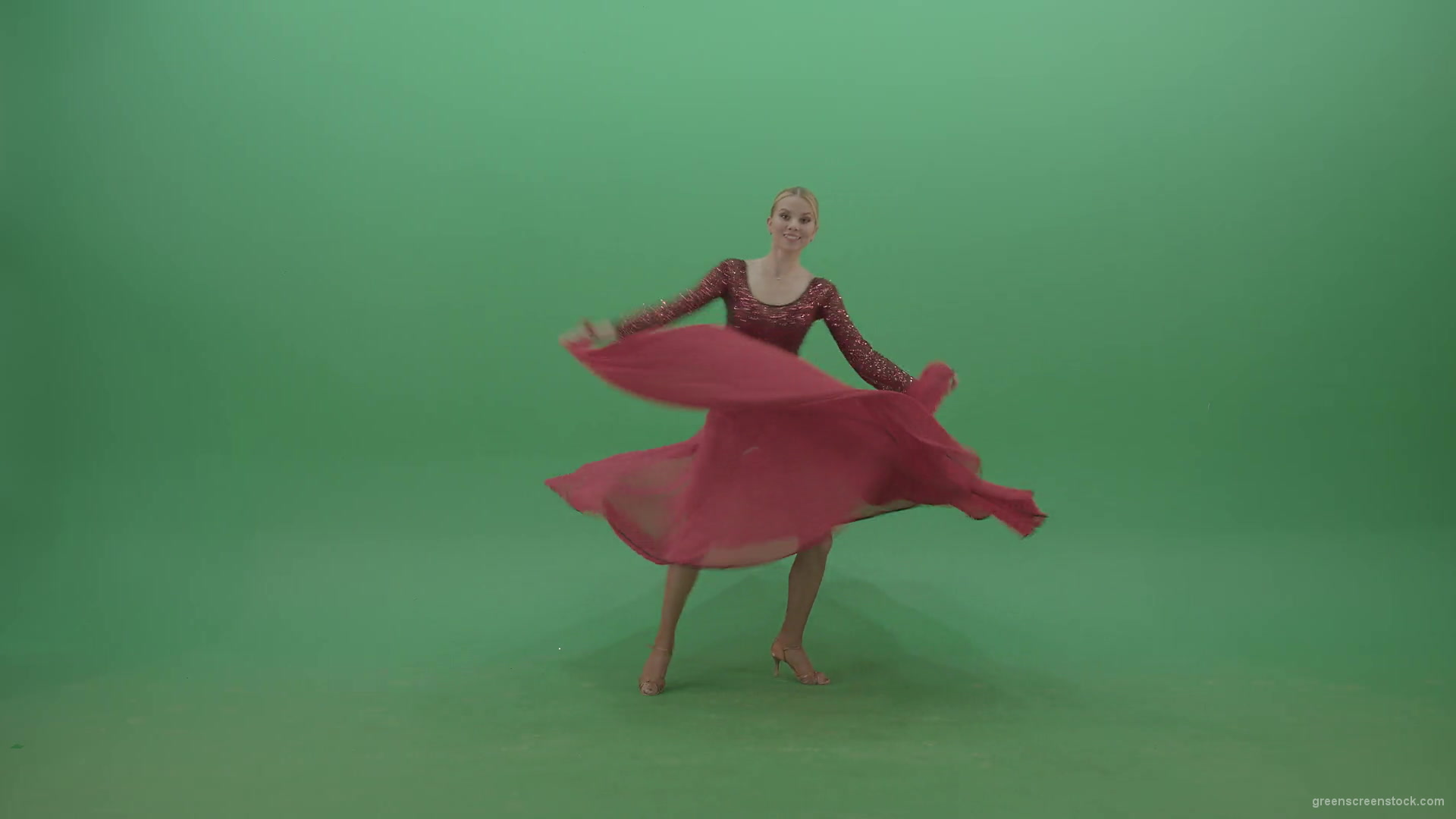 Spinning-woman-in-red-dress-showing-dance-flamenco-moves-over-green-screen-4K-Video-Footage-1920_008 Green Screen Stock