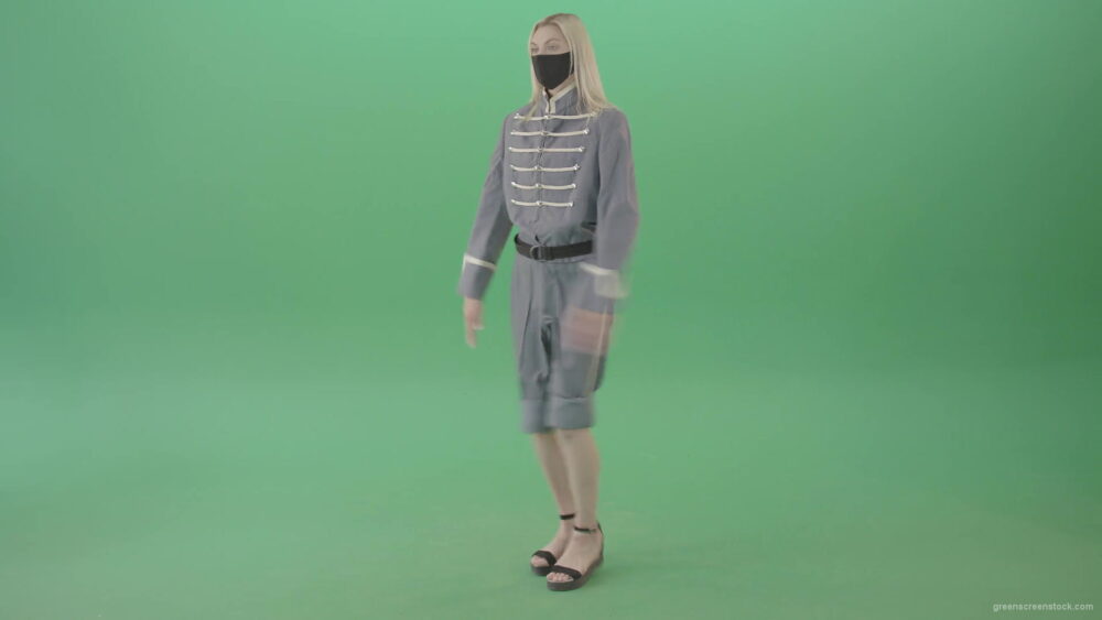 vj video background Young-Blonde-woman-marching-in-side-view-with-Covid19-mask-on-green-screen-4K-Video-Footage-1920_003