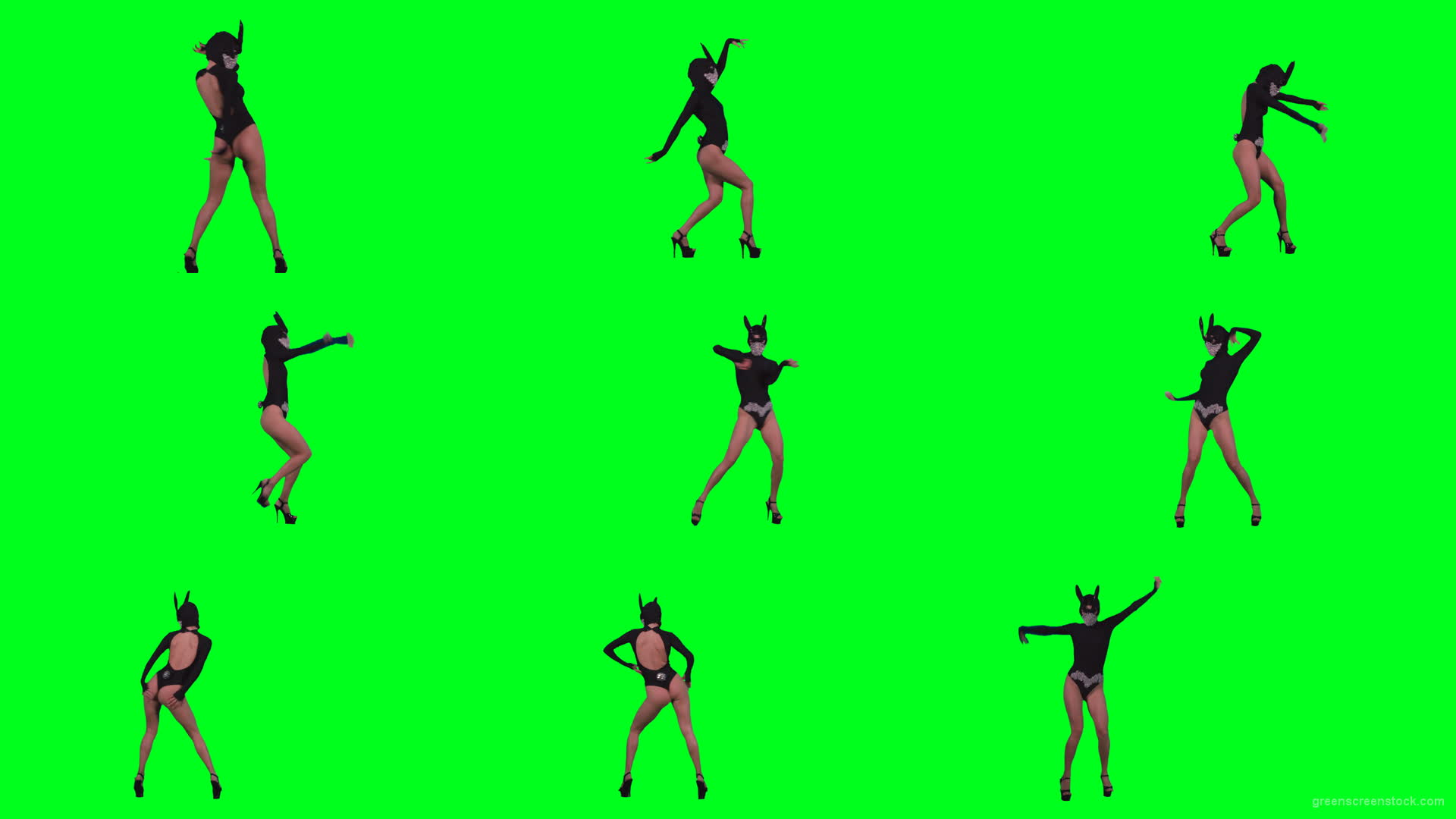 Amazing-black-banny-rabbit-girl-dancing-go-go-isolated-on-green-screen-RAVE-Video-Footage-1920 Green Screen Stock