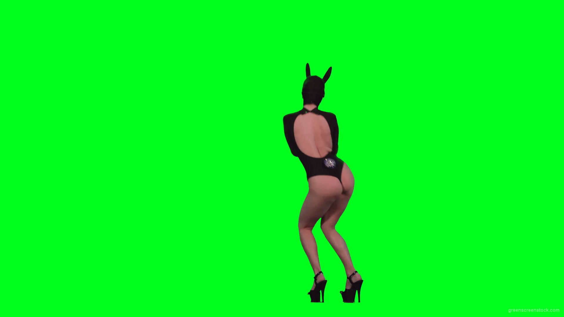 Back-Side-View-of-Jumping-Go-Go-Dancing-girl-in-bunny-black-mask-isolated-on-green-screen-4K-Video-Footage-1920_001 Green Screen Stock