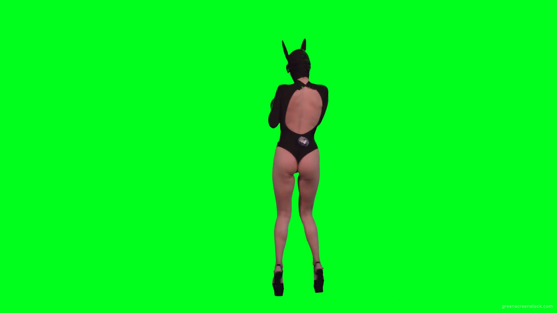 Back-Side-View-of-Jumping-Go-Go-Dancing-girl-in-bunny-black-mask-isolated-on-green-screen-4K-Video-Footage-1920_002 Green Screen Stock