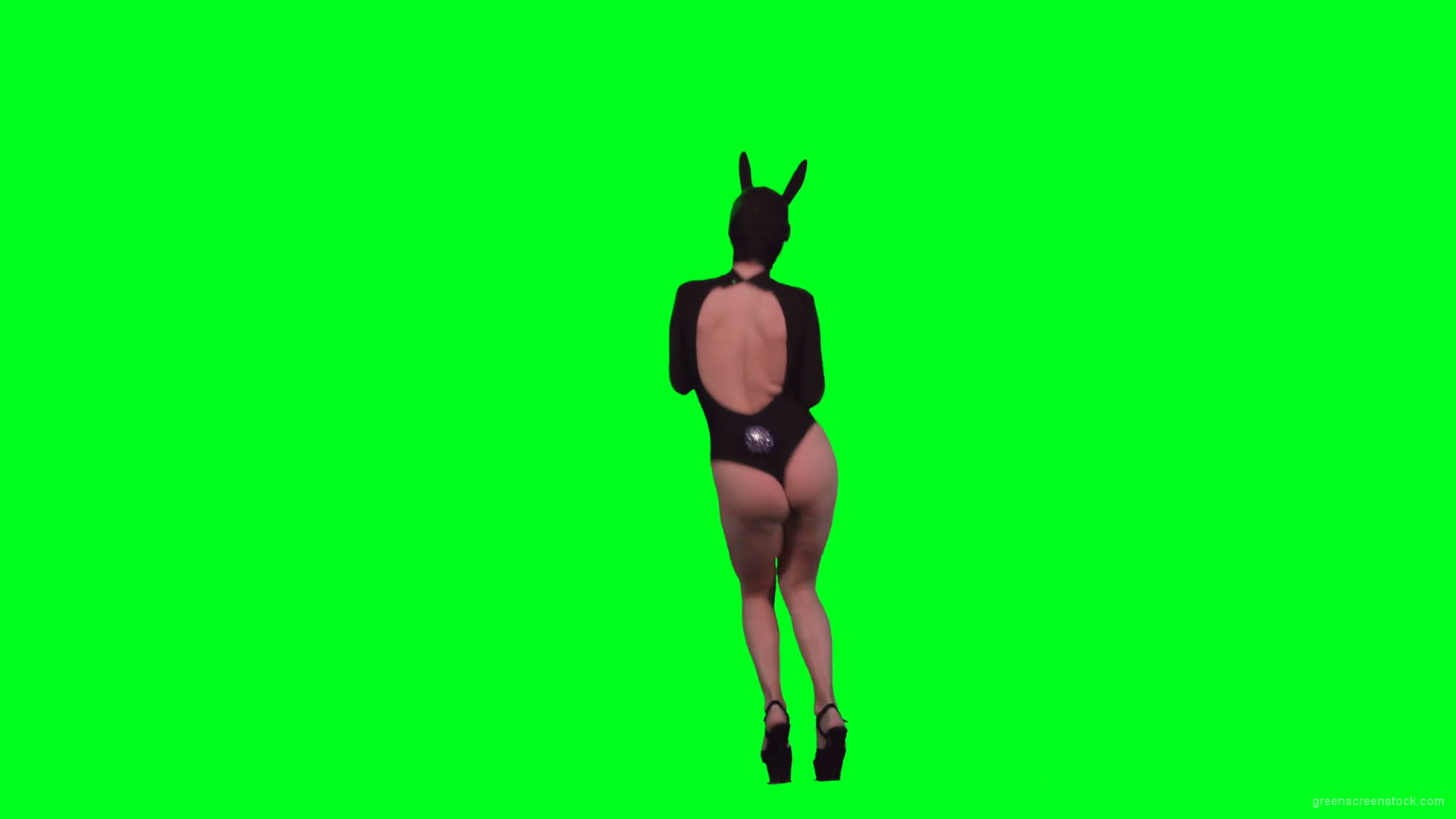 Back-Side-View-of-Jumping-Go-Go-Dancing-girl-in-bunny-black-mask-isolated-on-green-screen-4K-Video-Footage-1920_004 Green Screen Stock