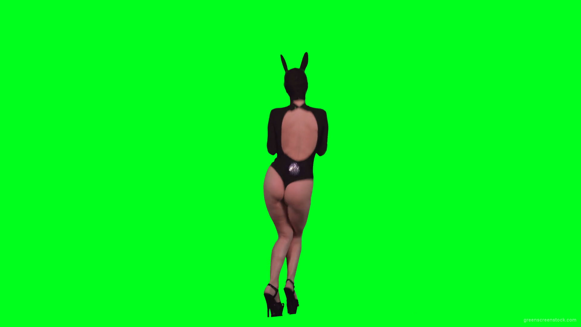 Back-Side-View-of-Jumping-Go-Go-Dancing-girl-in-bunny-black-mask-isolated-on-green-screen-4K-Video-Footage-1920_005 Green Screen Stock